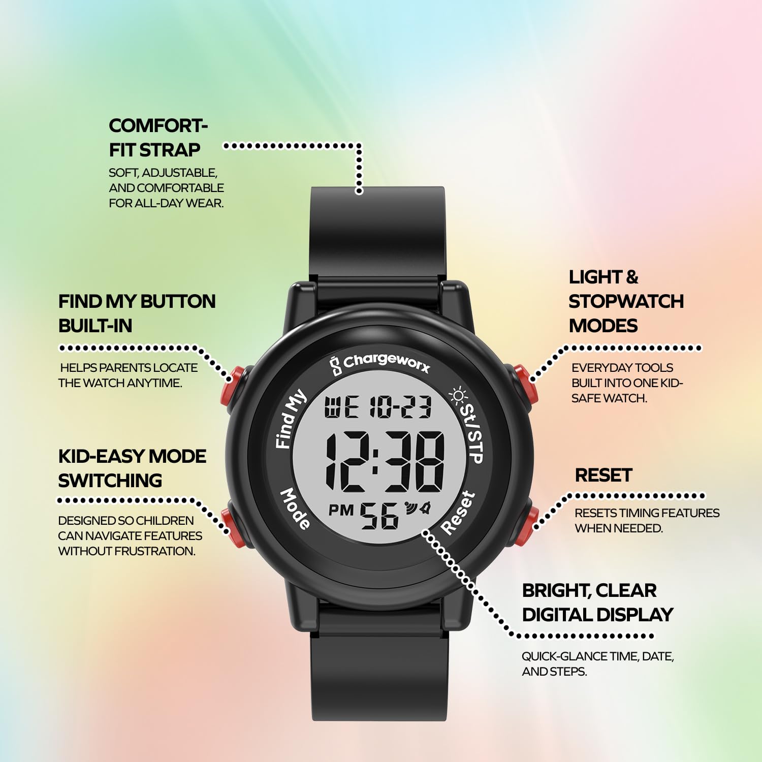 Chargeworx Orologio digitale per bambini con Apple Find My Tracker, alternativa allo smart watch per ragazzi e ragazze, orologio sportivo impermeabile con sveglia, cronometro e cinturino in morbido