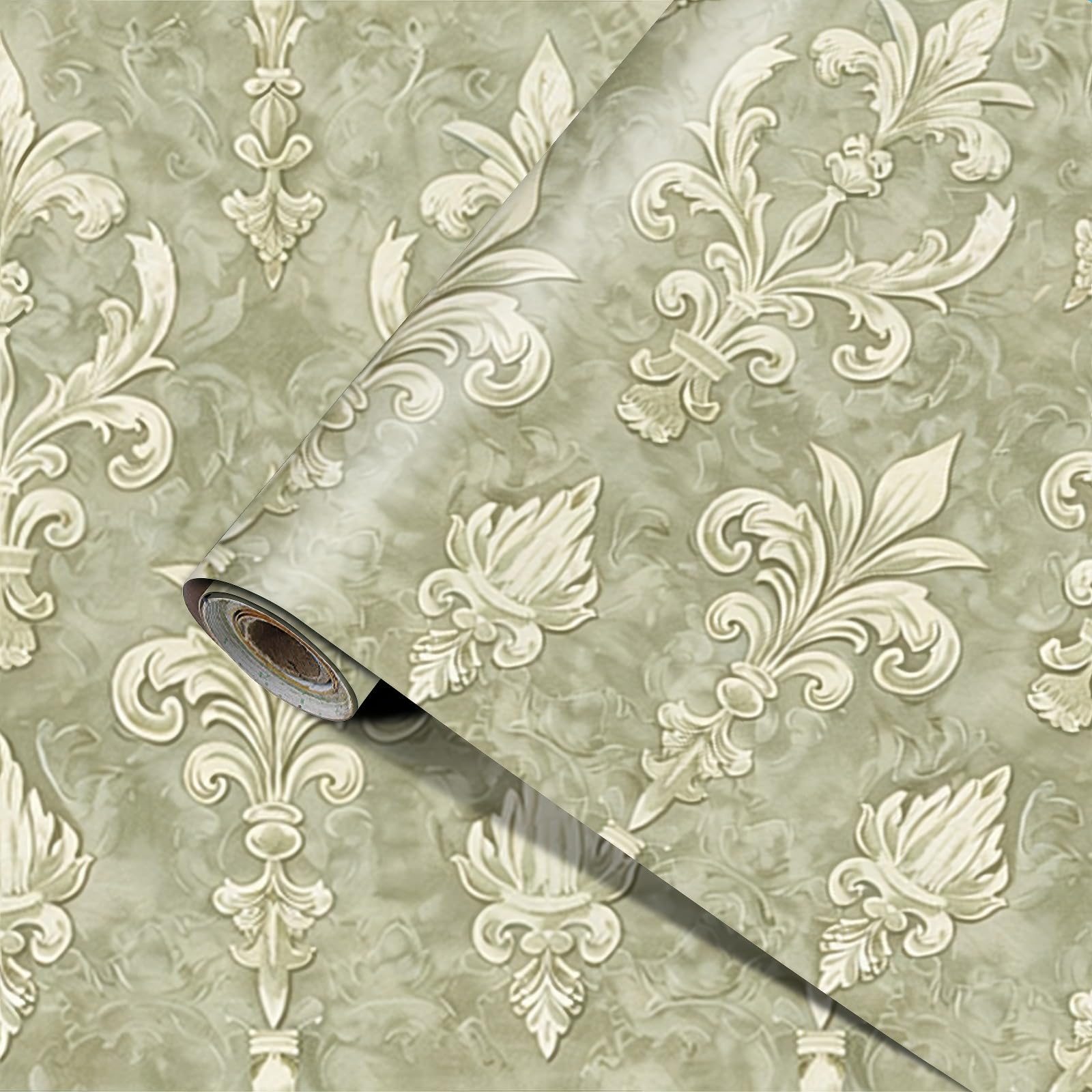 HOMETITUTE Light Green Baroque Wallpaper Peel and Stick Wall Paper Floral Pattern Self Adhesive Vinyl Contact Paper Removable Decorative Film for