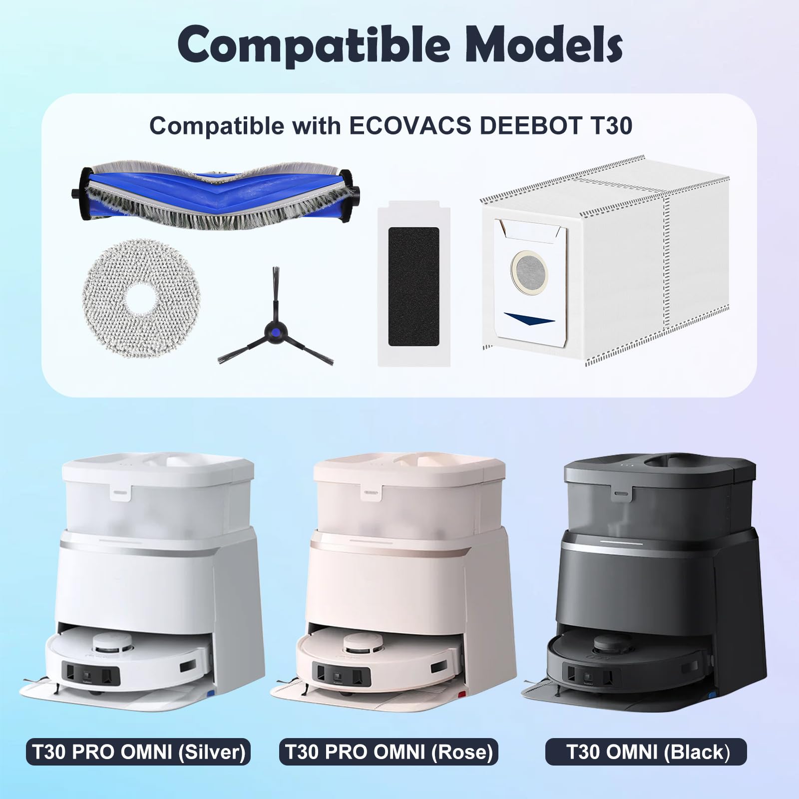 ECOVACS DEEBOT T30S/T30S PRO/T30S AI/T30S AIケアアクセサリーキット ゴムブラシ1本、ダス T30 Accessories Replacement Compatible with Ecovacs Deebot T30 Pro OMNI /  T30 OMNI Robot Vacuum Cleaner, 1 Main Brush, 4 Filters, 4 Side Brushes, 4  Mop Wipes, 4 Antibacterial Dust Bags, 1 Cleaning : Amazon.in: Home & Kitchen