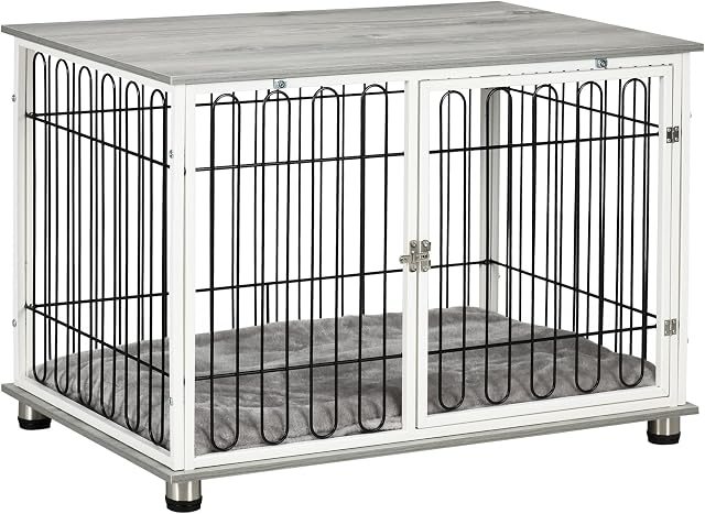 PawHut Dog Crate Furniture, Indoor Dog Kennel Side End Table w/Soft Washable Cushion, Lockable Door, for Small and Medium Dogs