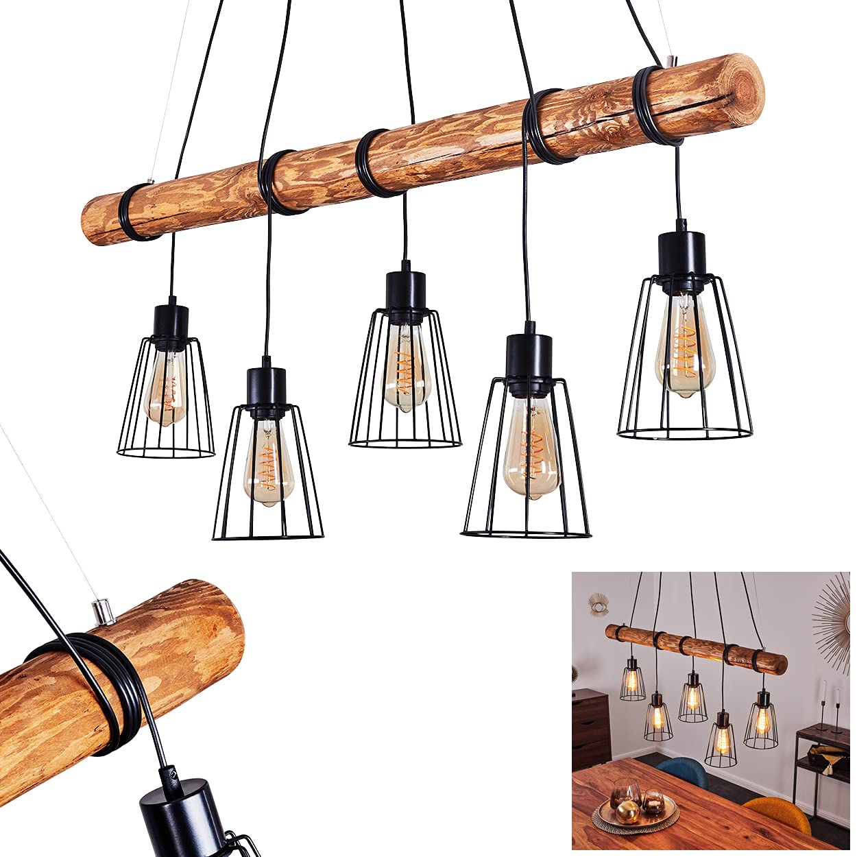 Hofstein Black Canedo Pendant Light, 5-Flame Hanging Light Made Of Metal/Wood In /Brown In Scandinavian Design, Hanging Light With Wooden Rod And Lattice-Shaped Lampshades, 5 X E27, Without Bulbs