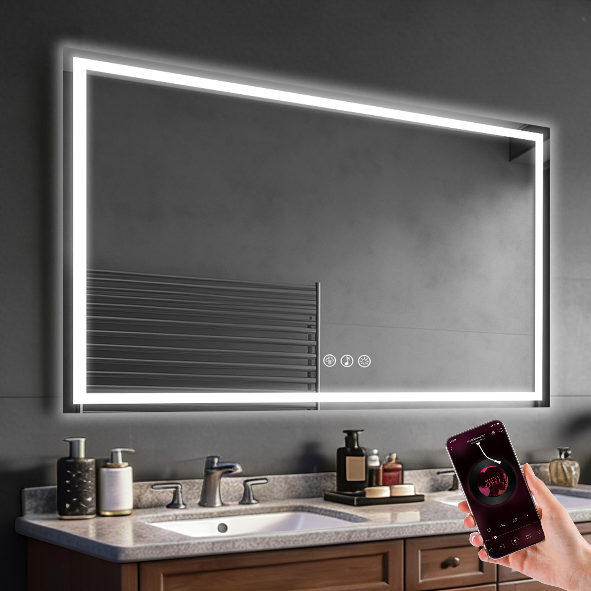Simusi Specchio da Bagno a LED con Luce 80x120 cm, Bluetooth, 3 Colori | Specchio parete con grado di protezione IP44, Orizzontale/Verticale, illuminazione regolabile a 3 colori, antiappannamento