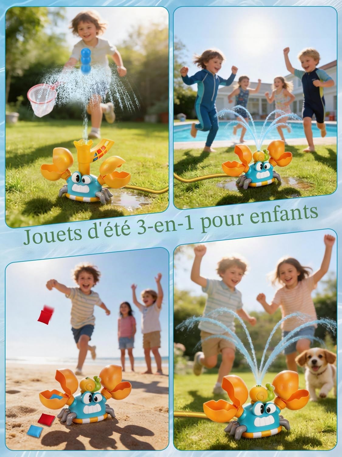 3-en-1 Jeux Exterieur Enfant 3 4 5 6 7 8 9 Ans, Jouets d'Arrosage pour Jardin Forme de Crabe avec Jeu de Lancer et de Rattrapage, Cadeau Créatifs pour Garçons et Filles, Jouet d'Été pour Enfants