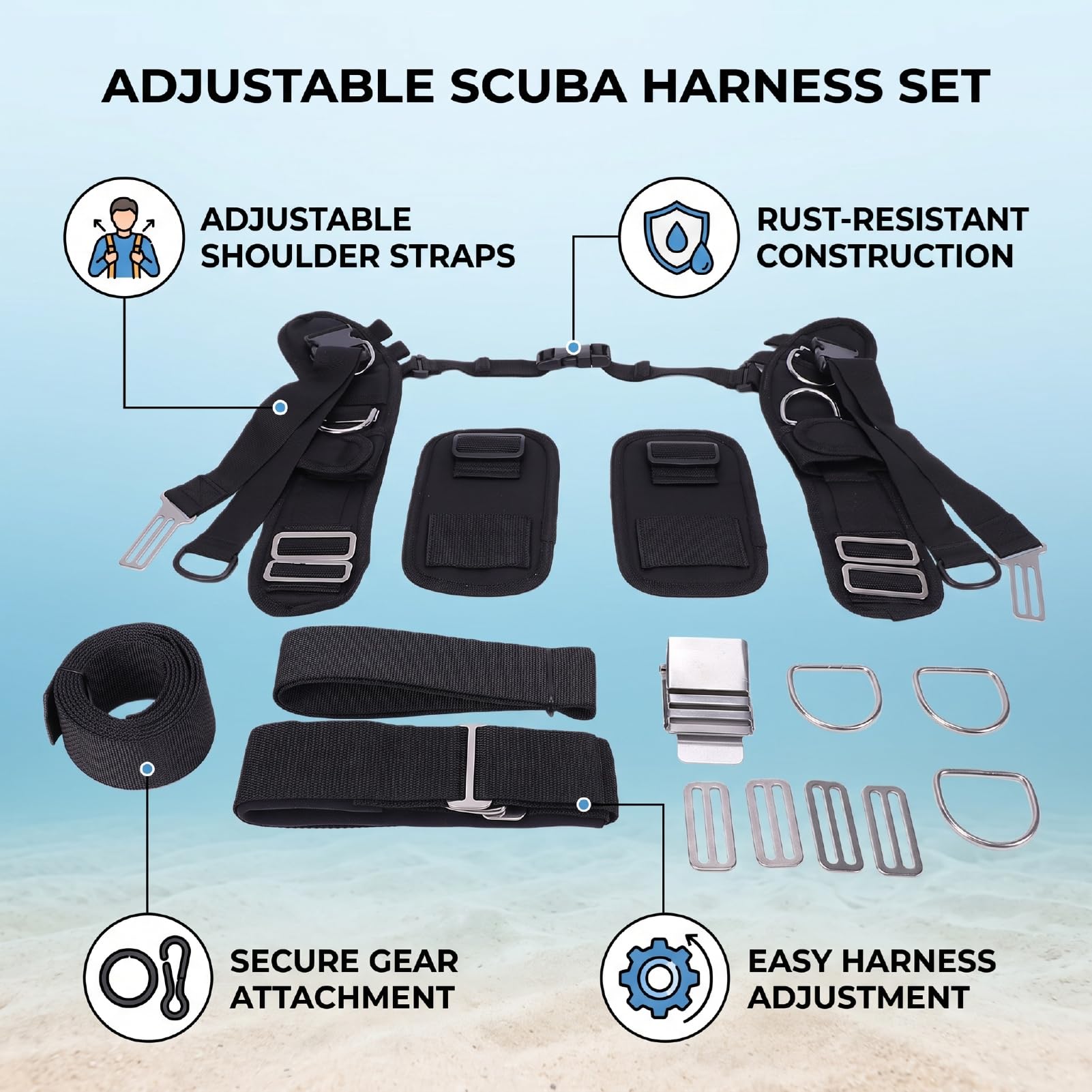 Luocute Imbracatura con Piastra Posteriore per Immersioni Subacquee | Fibbie Antiruggine in Nylon in Acciaio Inossidabile, Spallacci in Neoprene, Anelli di Ritenzione in Gomma Flessibile per