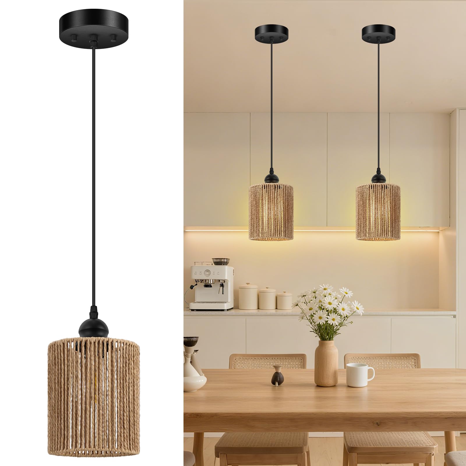 BoostArea 2 Pack Rattan Pendant Lights Kitchen Island, Farmhouse Chandelier with Handwoven Wicker Shade, Adjustable Height Boho Hanging Light for