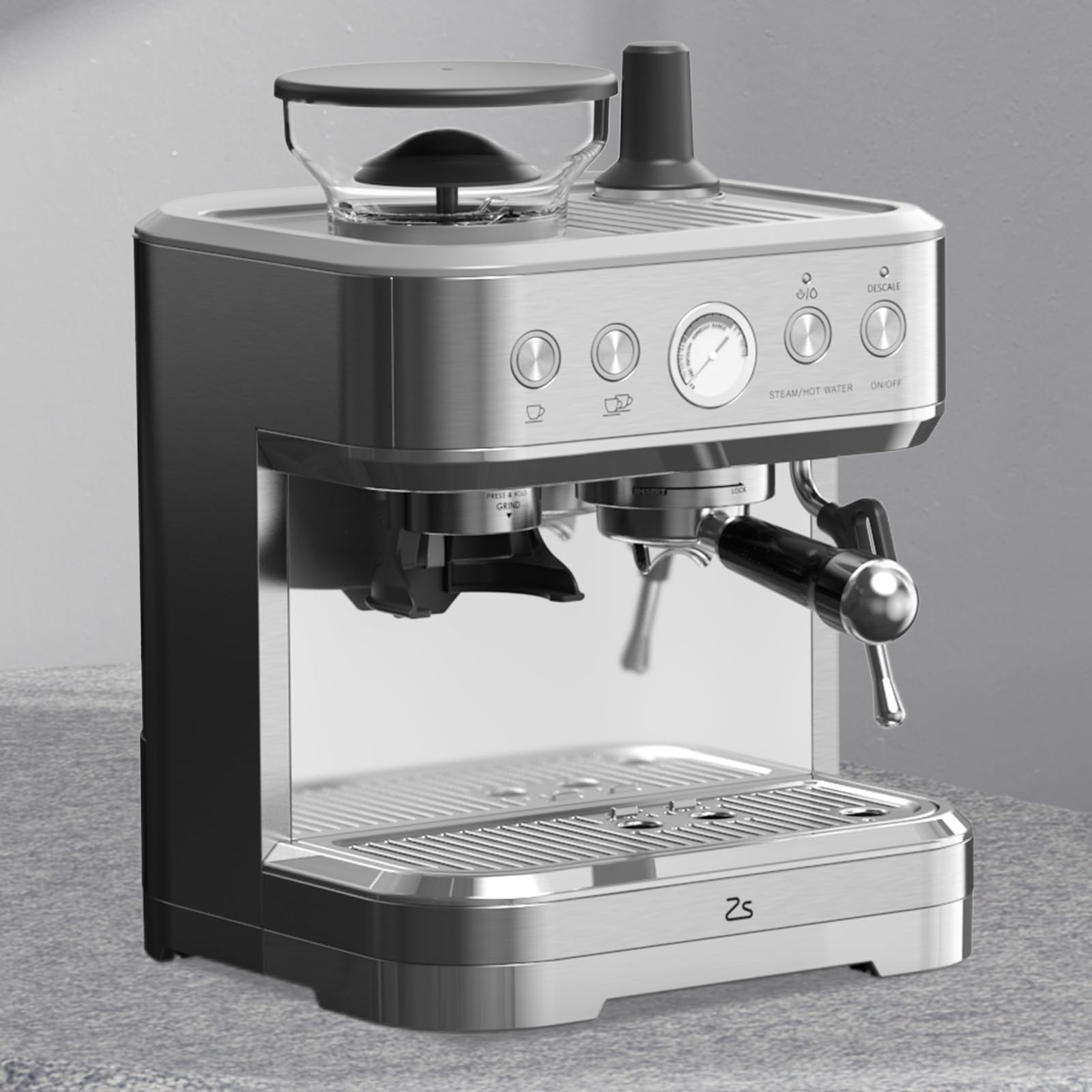 Acekool Cafetera Expresso 20 Bares con Trituradora de Granos Integrada, Cafetera Italiana de Acero Inoxidable Plateado, Hecho Espresso Cappuccino Latte, Espumador de Leche Incluido, Enchufe EU 220V
