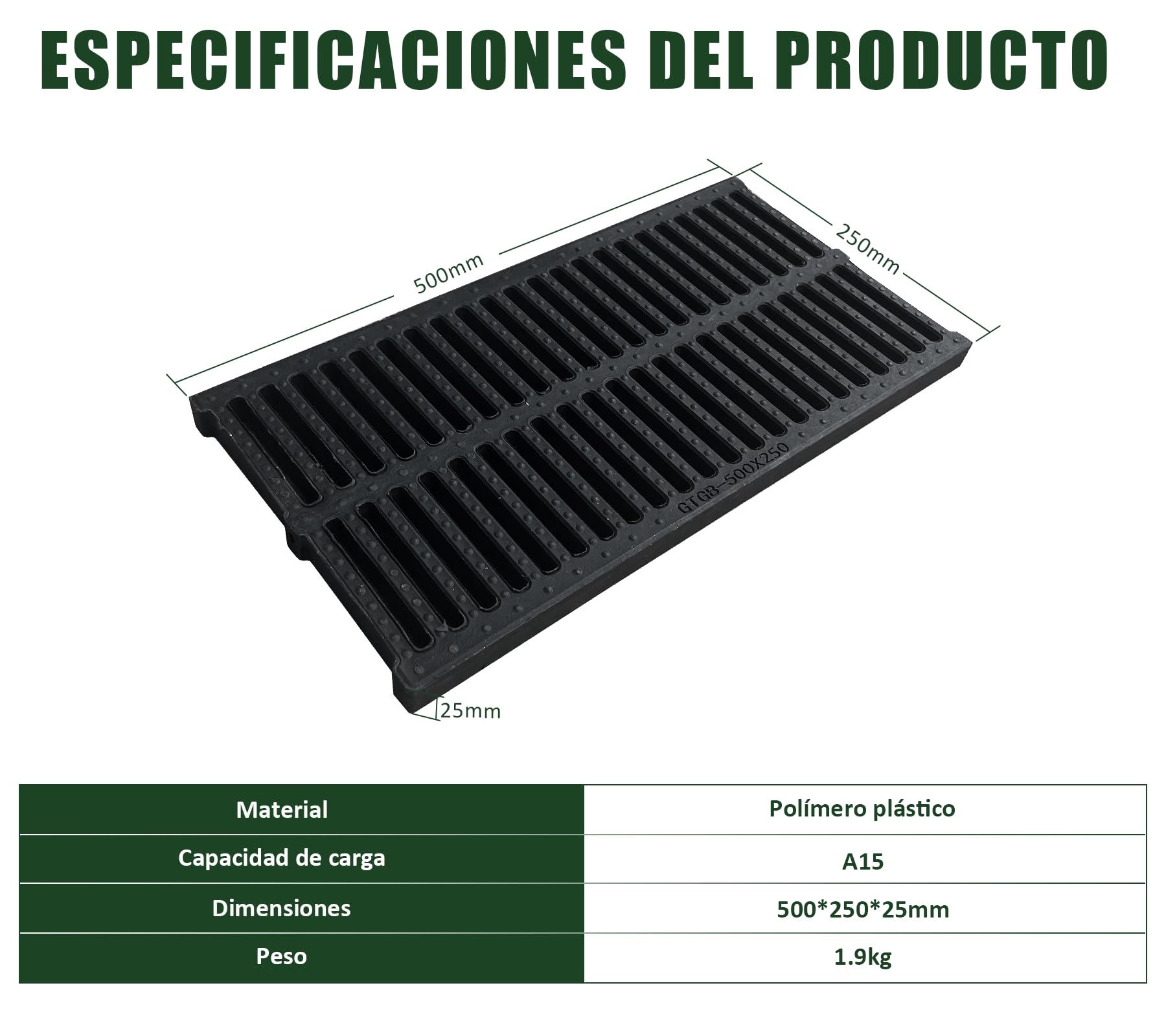 Rejilla de Drenaje de 6 Piezas, 500 x 250 mm, Cubierta para el huerto, Rejilla de Drenaje de plástico polimérico, Cubierta de Drenaje para Jardines, Zonas Verdes, Granjas, etc.