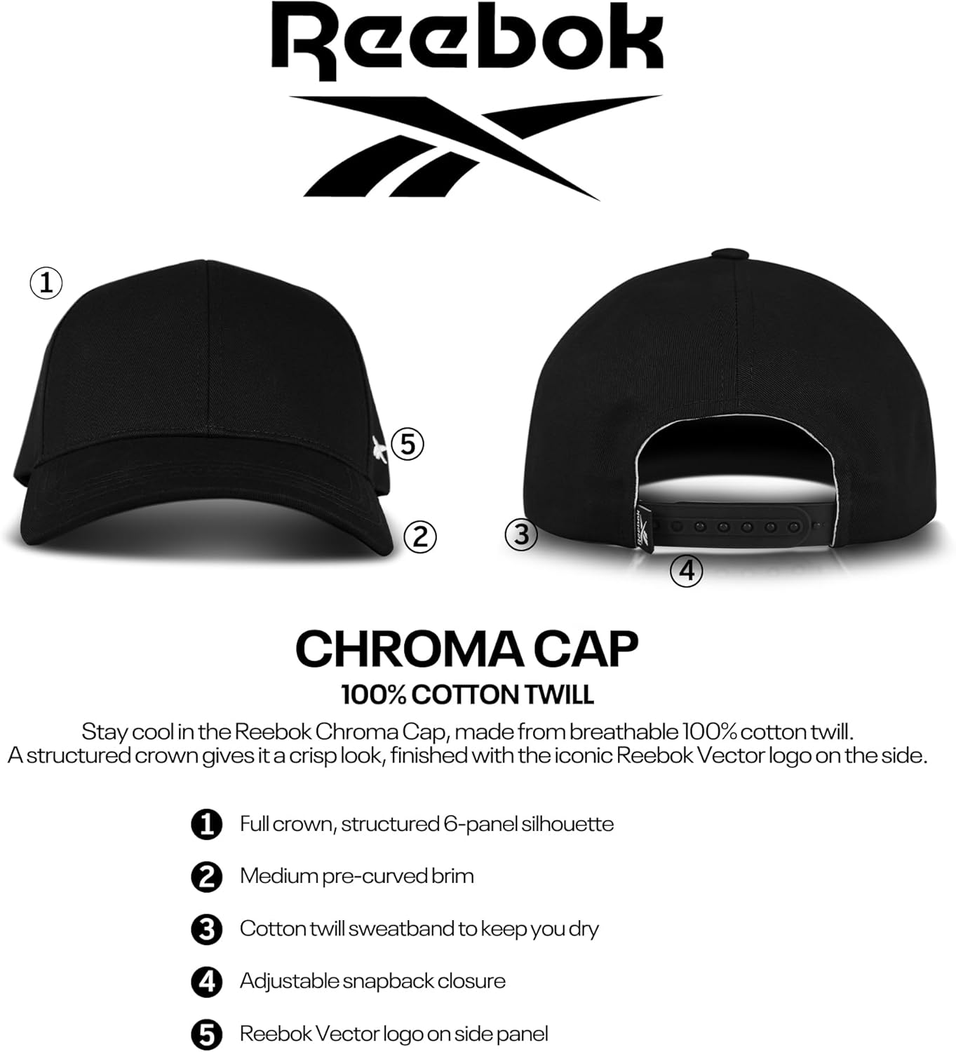 Reebok Women's Chroma Snapback Hat | Adjustable | Baseball Cap | Pre-Curved Brim | Moisture Wicking | Casual | Cotton Twill - Image 7