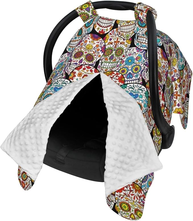 Colorful Sugar Skull Car Seat Cover Baby Breastfeeding Cover Breathable Peekaboo Opening Car Seat Canopy Baby Carrier Covers, Newborn Boy Girl Shower Gift