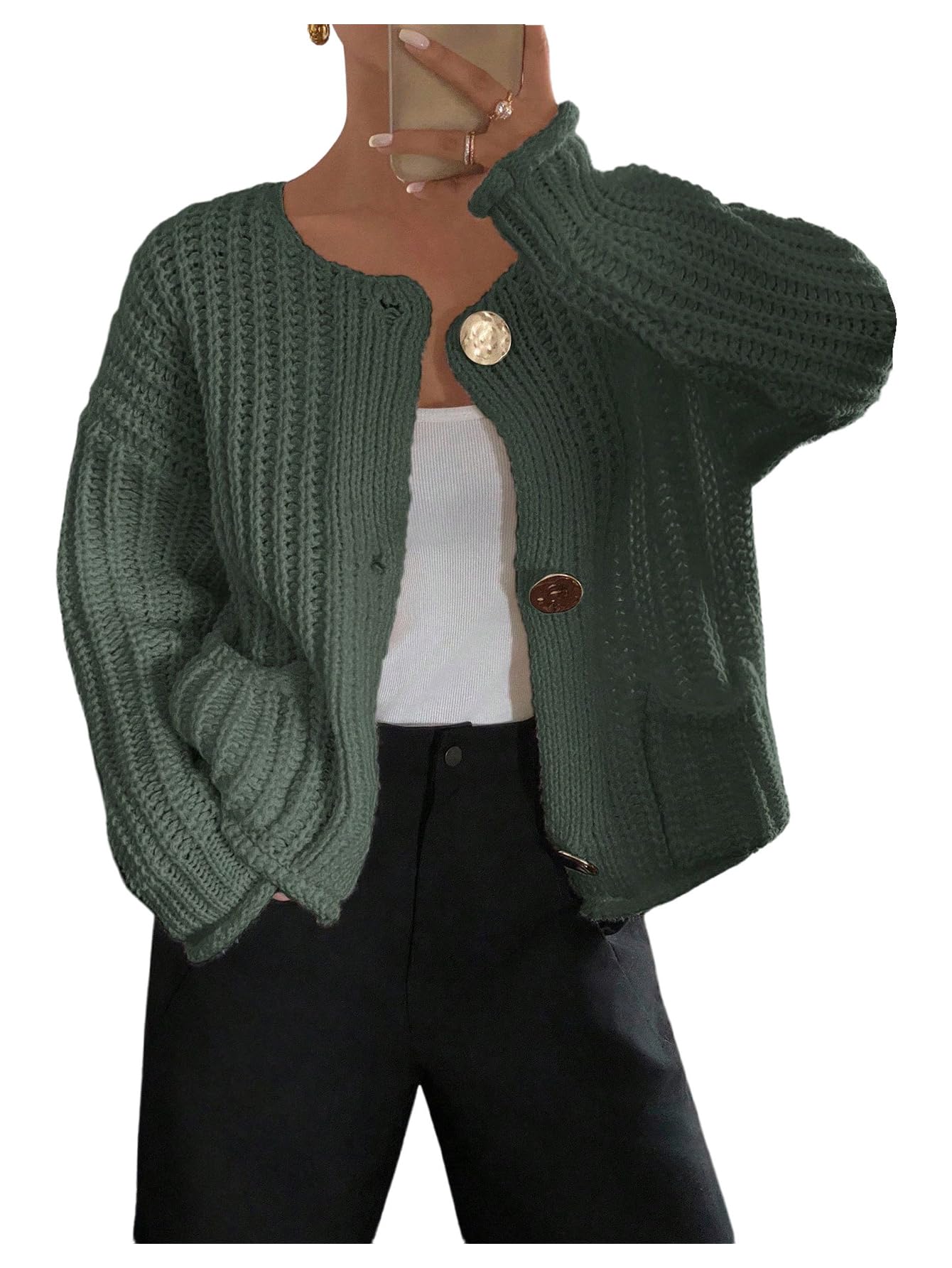Womens Button Down Knit Cardigan Long Sleeve Crewneck Sweaters Outerwear Fall Aesthetic Outfits
