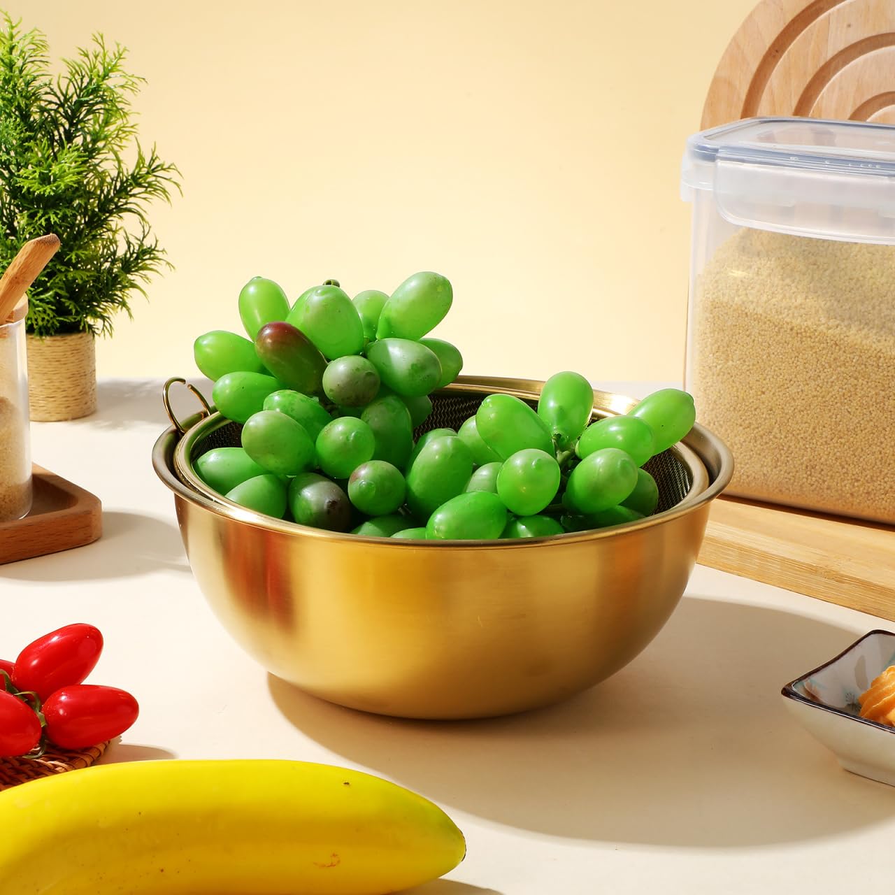 ULTECHNOVO 2 scolapasta in acciaio inox per cucina, colino per riso con ciotola, set di ciotole con microporosi per lavare riso, pasta, spaghetti, frutta, lavabile in lavastoviglie, oro