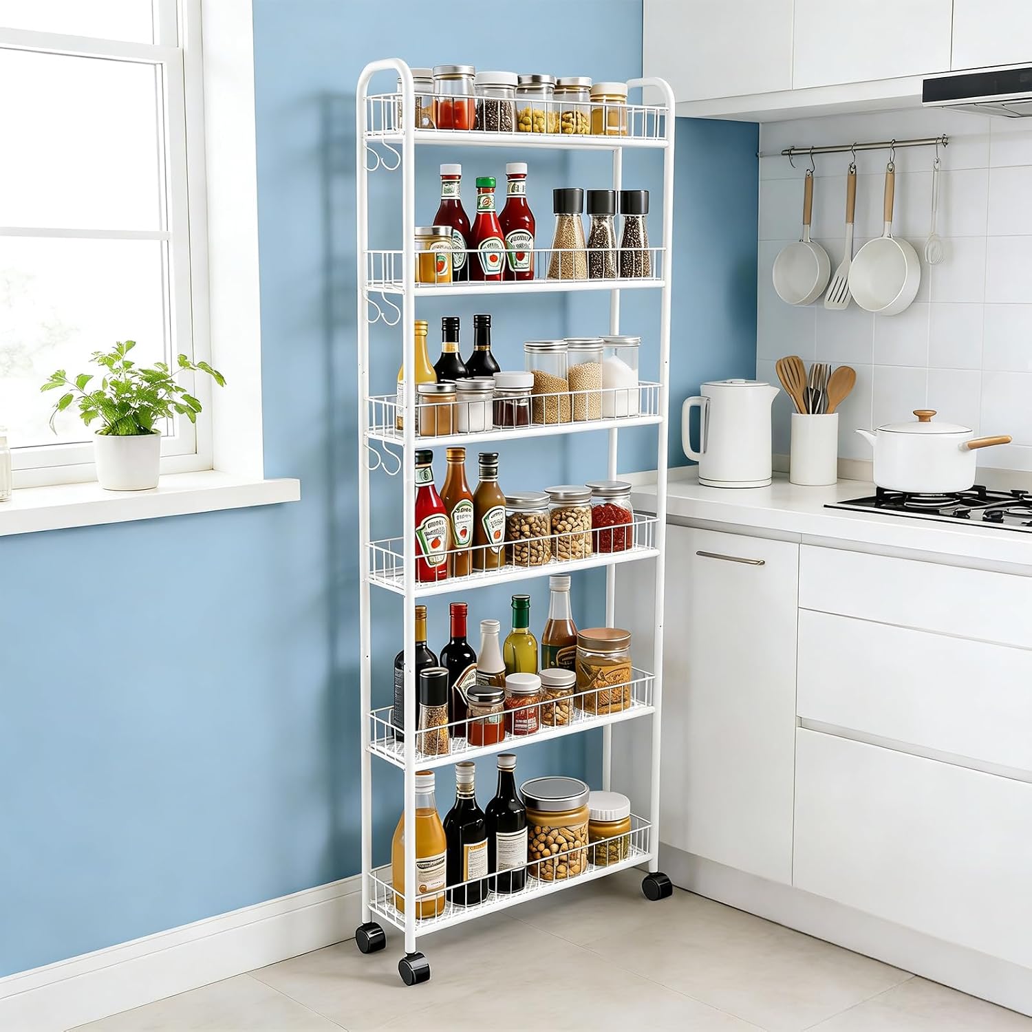 6in 6 Tier Slim Storage Cart with Wheels, Narrow Space Rolling Shelving Unit, Metal Wire Mobile Organizer Rack for Kitchen Bathroom Office Laundry