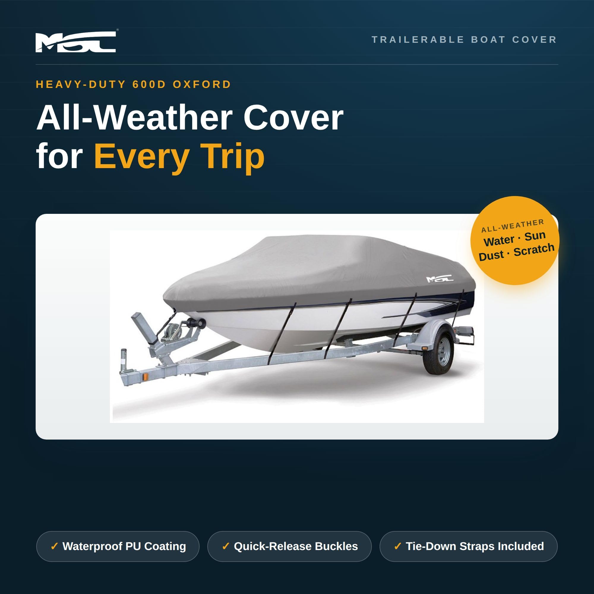 MSC - Funda Protectora de Barco remolcable, Resistente, de Tejido Oxford de poliéster, para Casco en V, tricasco, Bote pequeño (Modelo A - Longitud: 430 a 490 cm. Anchura: hasta 172 cm, Gris)