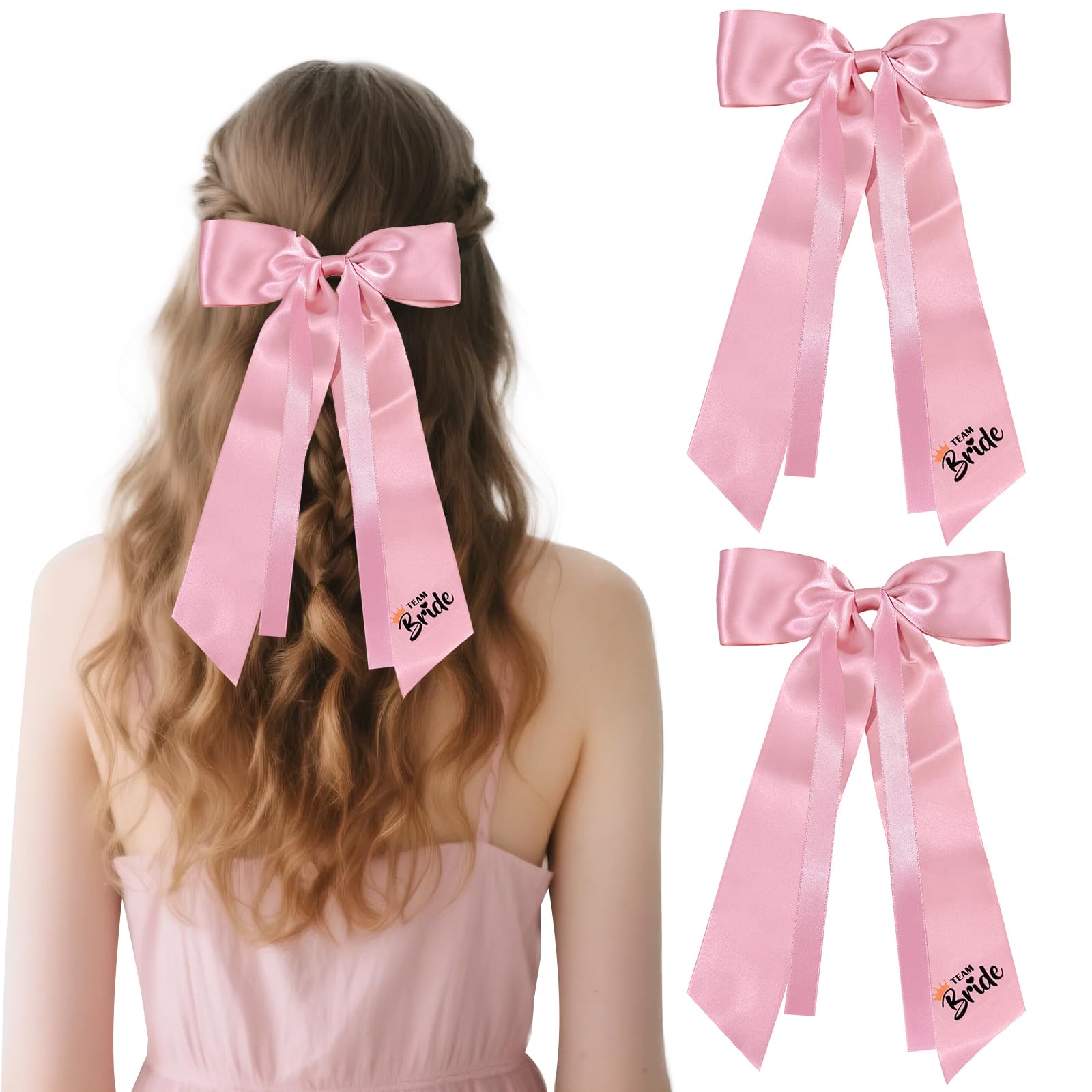 Team Bride Bow, 2 Pcs Pink Hair Bow Bridesmaid Accessories for Wedding Hen Party Engagement Party and Bridal Shower (Team Bride)