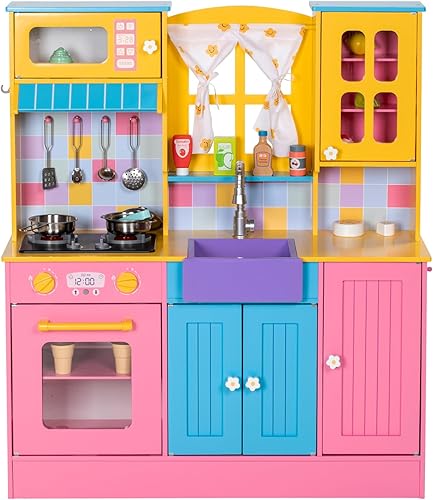 Juego de cocina para niños, cocina de madera para niños con grifo, fregadero, estufa, horno, cortinas, utensilios de cocina, armarios de