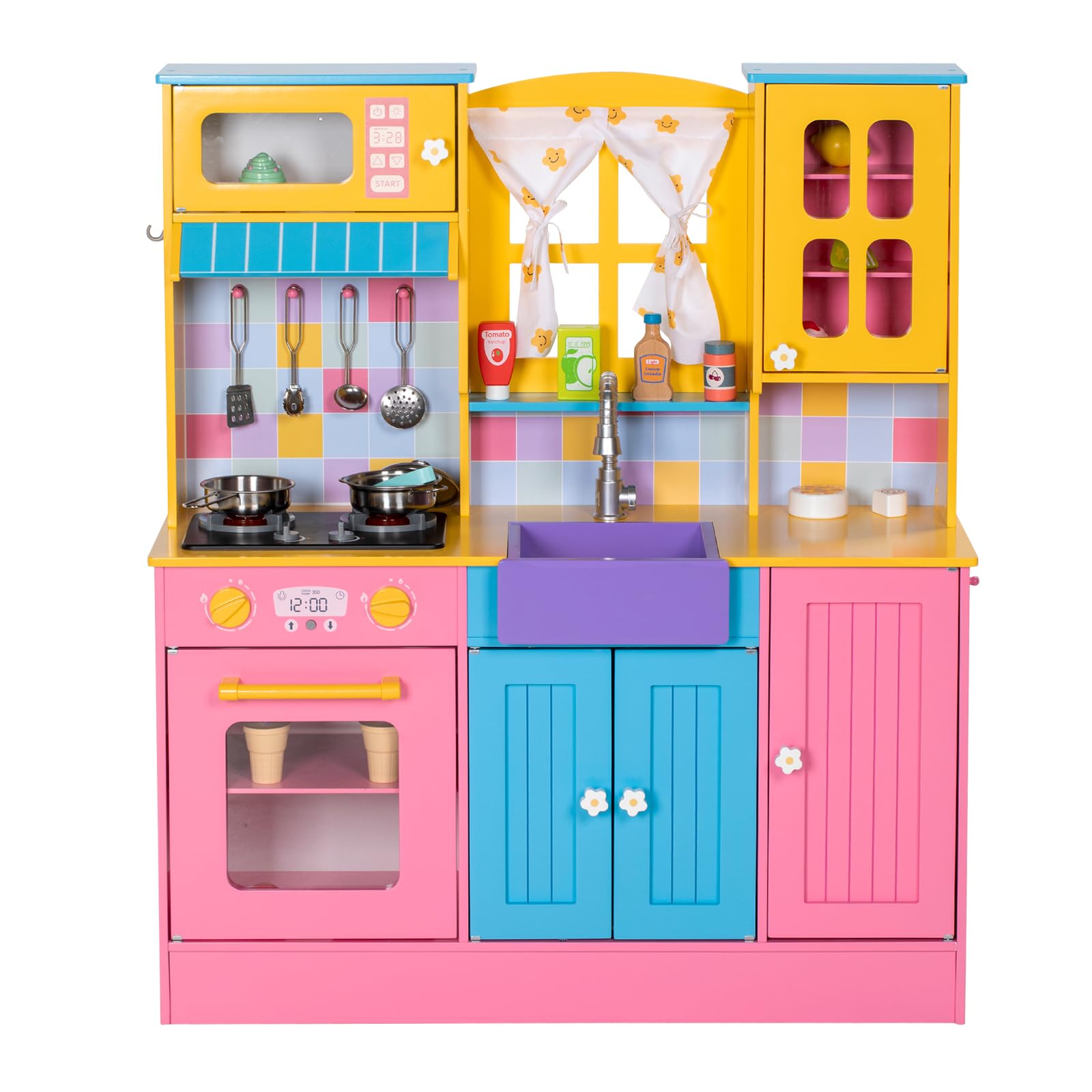 BRINJOY Kids Kitchen Playset, Wooden Pretend Play Kitchen for Kids w/Faucet, Sink, Stove, Oven, Curtains, Cookware, Storage Cabinets, Toddler Role Play Toy Kitchen Set Gift for Girls Boys Ages 3+