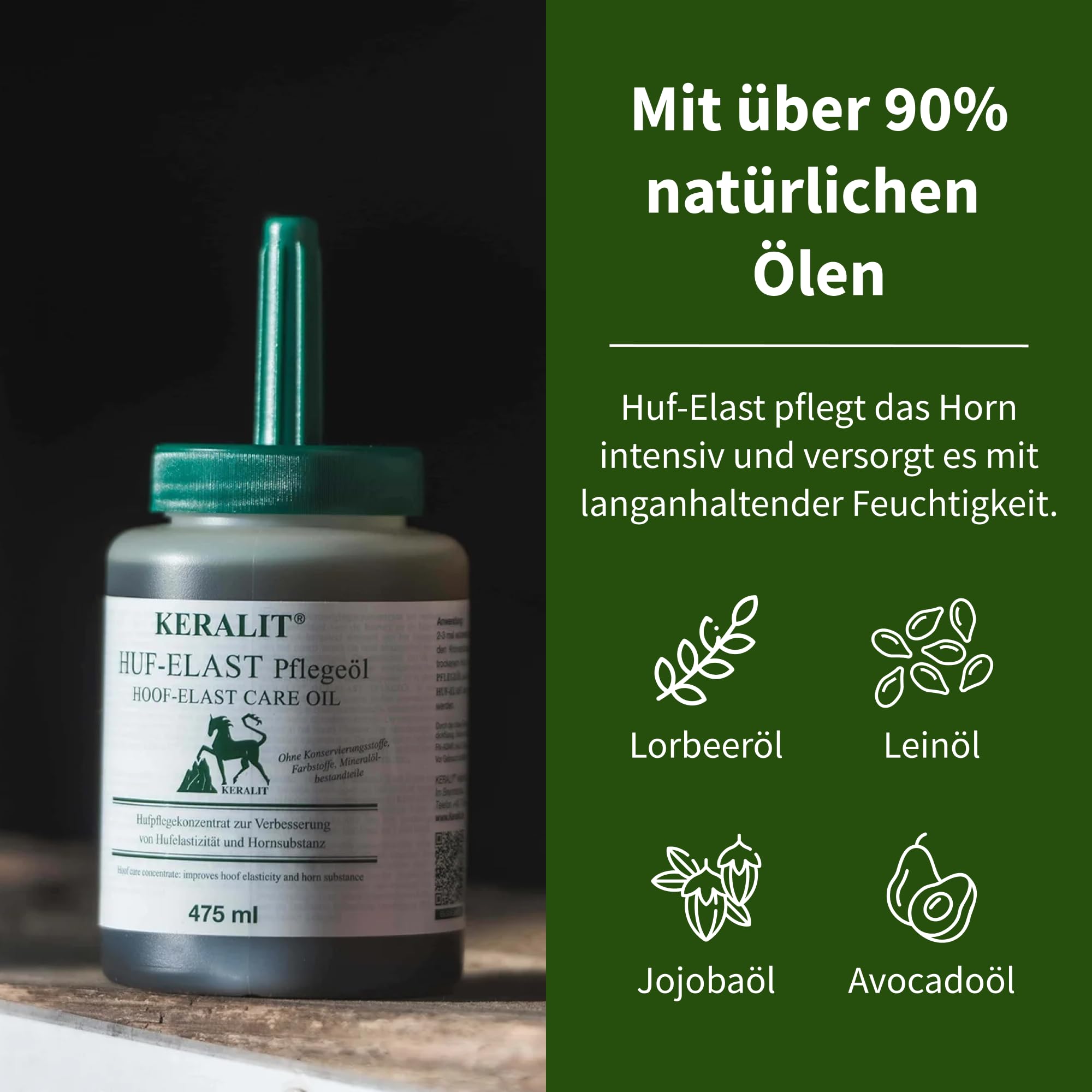 Keralit Huf‑Elast mit Pinsel – wasserlösliches Hufpflege‑Öl für Pferde mit Lorbeer‑, Sesam‑, Avocado‑ & Jojobaöl – für trockene Hufe, mehr Elastizität & Belastbarkeit, feuchtigkeitsbindend