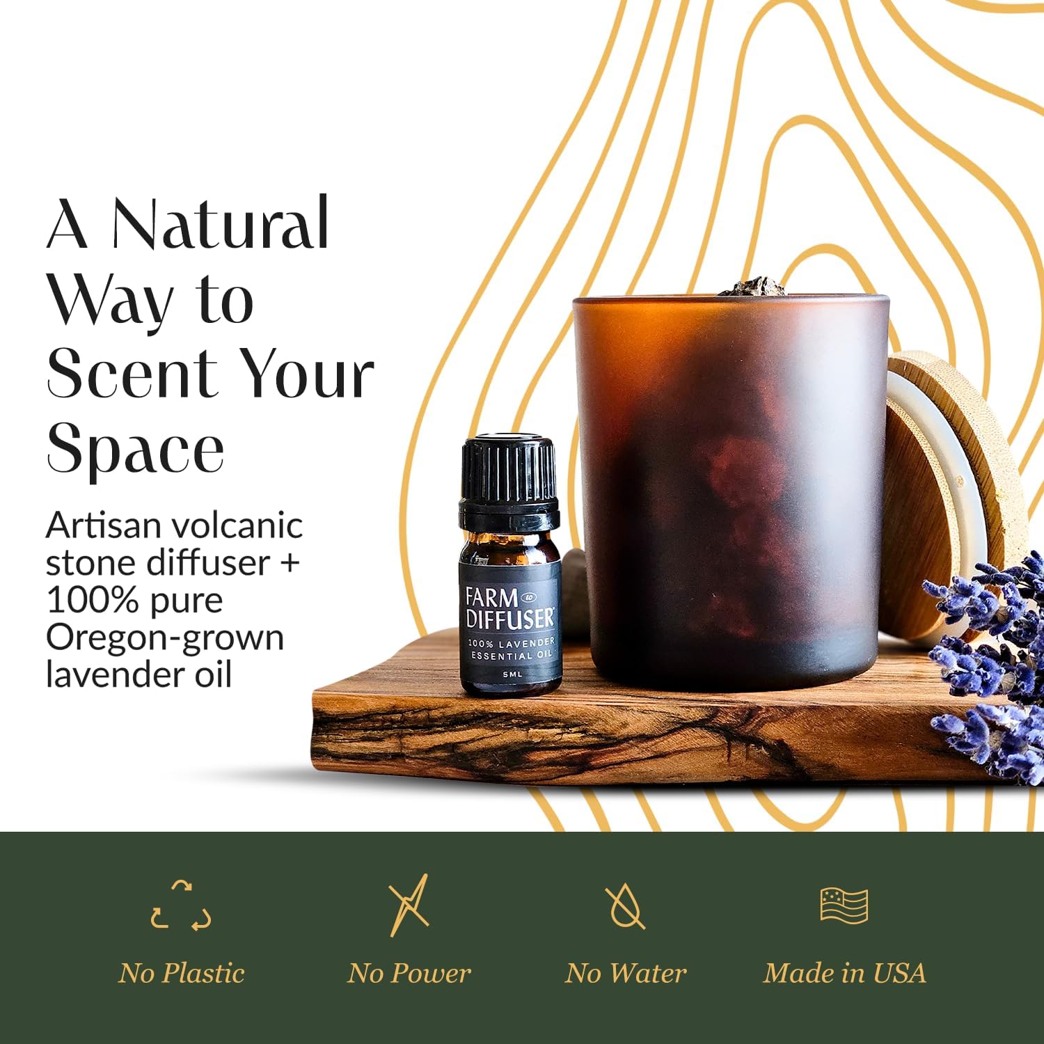 Lava Rock Diffuser and Lavender Essential Oil Set, Volcanic Stone Diffusers for Essential Oils, No Water, Non-Electric, Easy Aromatherapy Gift, Made in USA, Bedtime Self Care Ritual, Home Fragrance