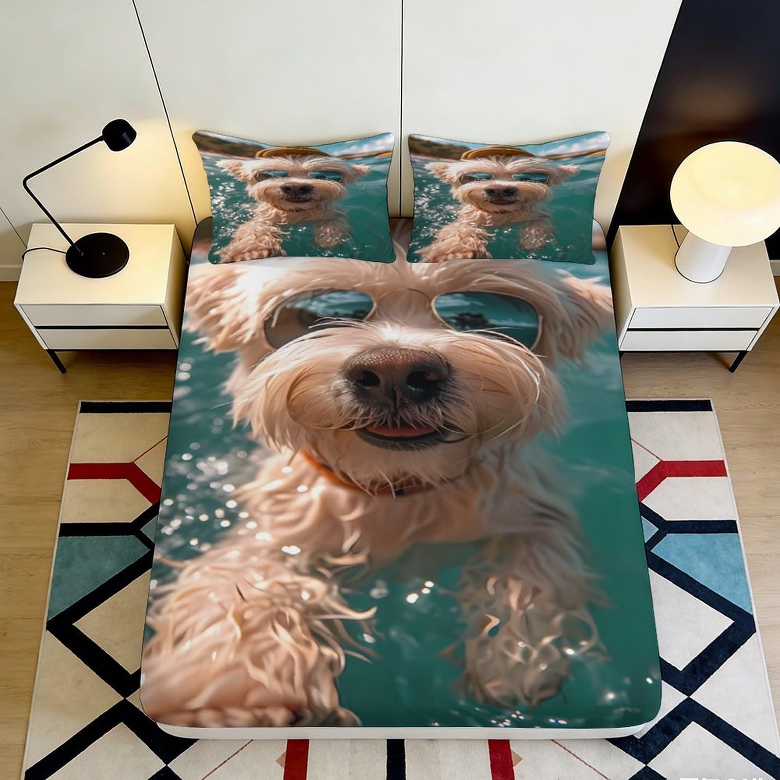 3D Printed Puppy Design Fitted Sheet Microfiber Bedding Set Dog Mattress Fitted Cover Deep Pocket Full Wrap Washable for Home 200x200x25cm