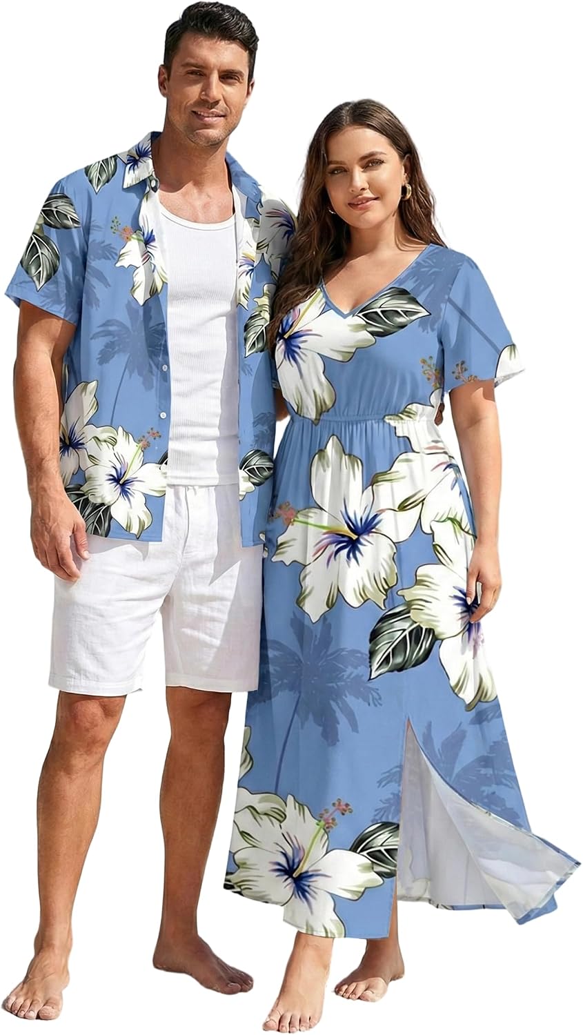 Matchable Couple Hawaiian Sea Beach Starfish Turtle Shell Print Shirt or Plus Size Midi Split A Line Dress