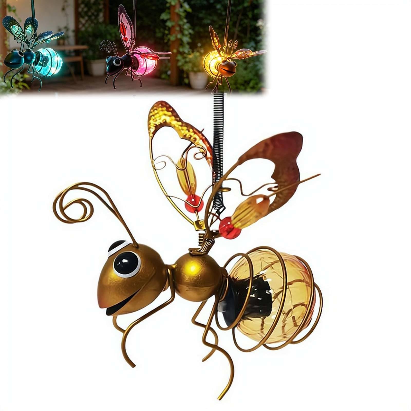 Solar Bee Lights Outdoor, Hanging Bee Solar Garden Lights Decor, Iron Insect Figurine with Warm LEDs for Patio Balcony Fence Yard (Golden)