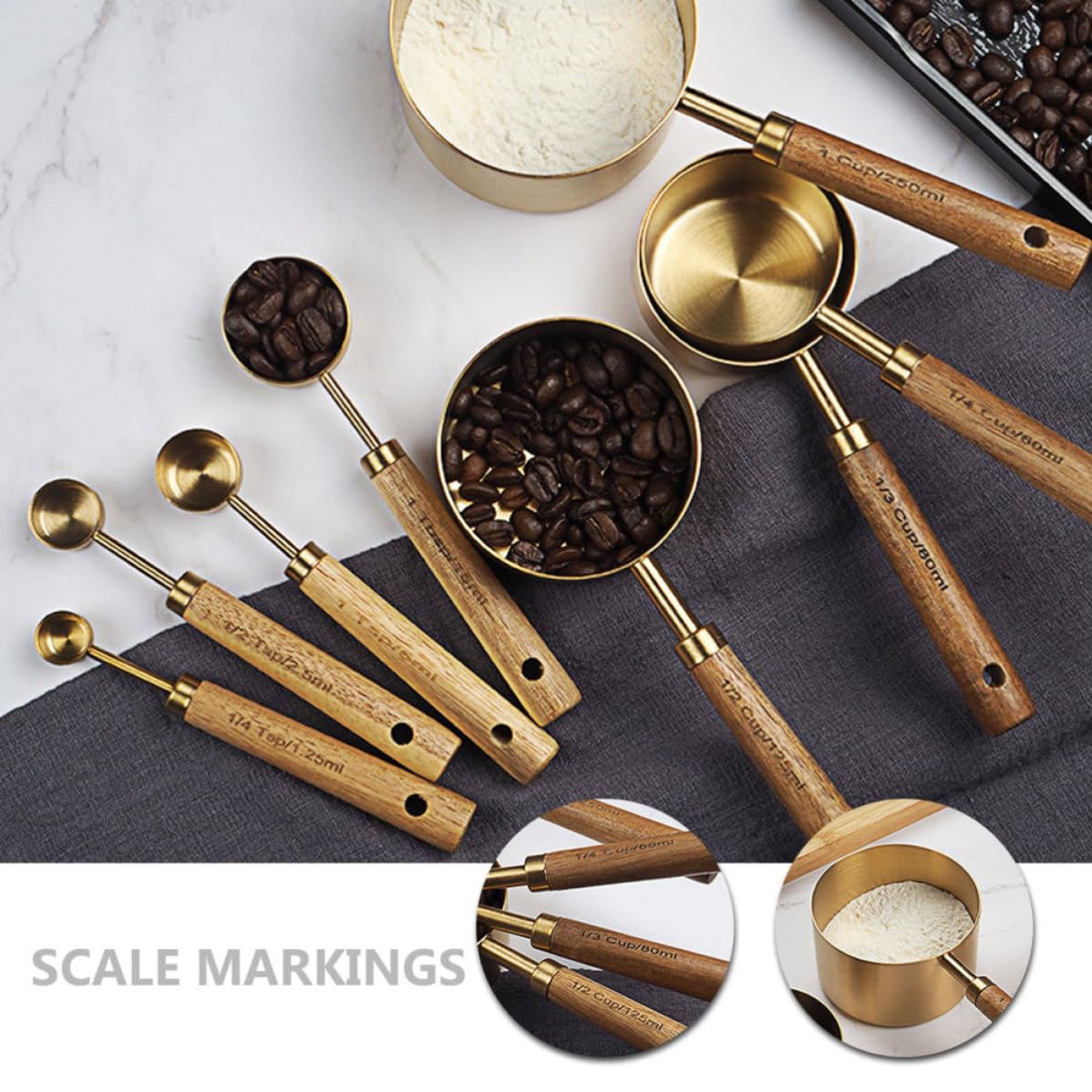 Sosoport 8 Piezas Juego de Cucharas Medidoras de Acero Inoxidable con Mango Ergonómico de Madera Dorada, Multifuncional y Apilable para Cocinas en Casa y Restaurantes
