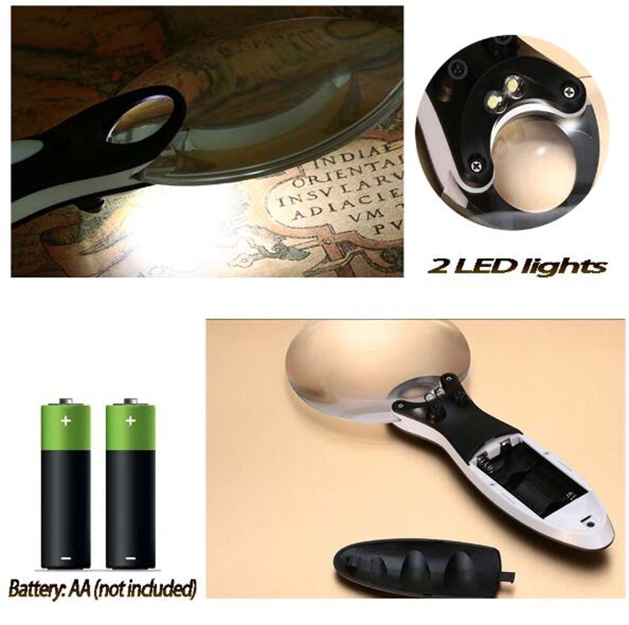 2-LED-Licht, 3- bis 6-fache Vergrößerung, Handlupe, Leselupe ohne Rand, für Senioren, Menschen mit Sehschwäche, Bücher, Seiten, Zeitschriften, Zeitungen, Landkarten – das perfekte