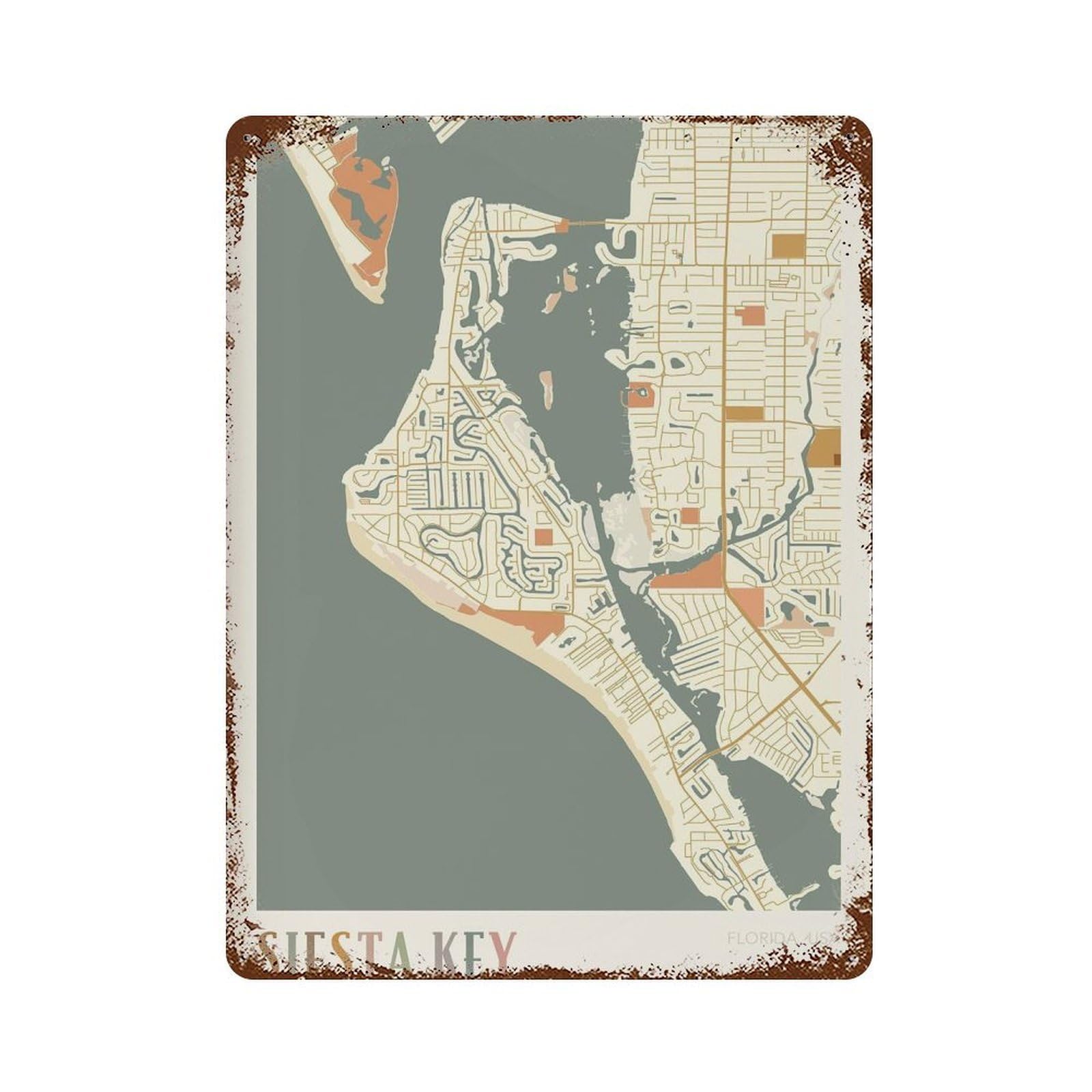 xiaoxiaoshen Siesta Key Map Florida Travel Gift Boho Wall Decor Art Metal Tin Poster Modern Home Decor Art Home Bar Shop Decorations Vintage Sign 40x30cm