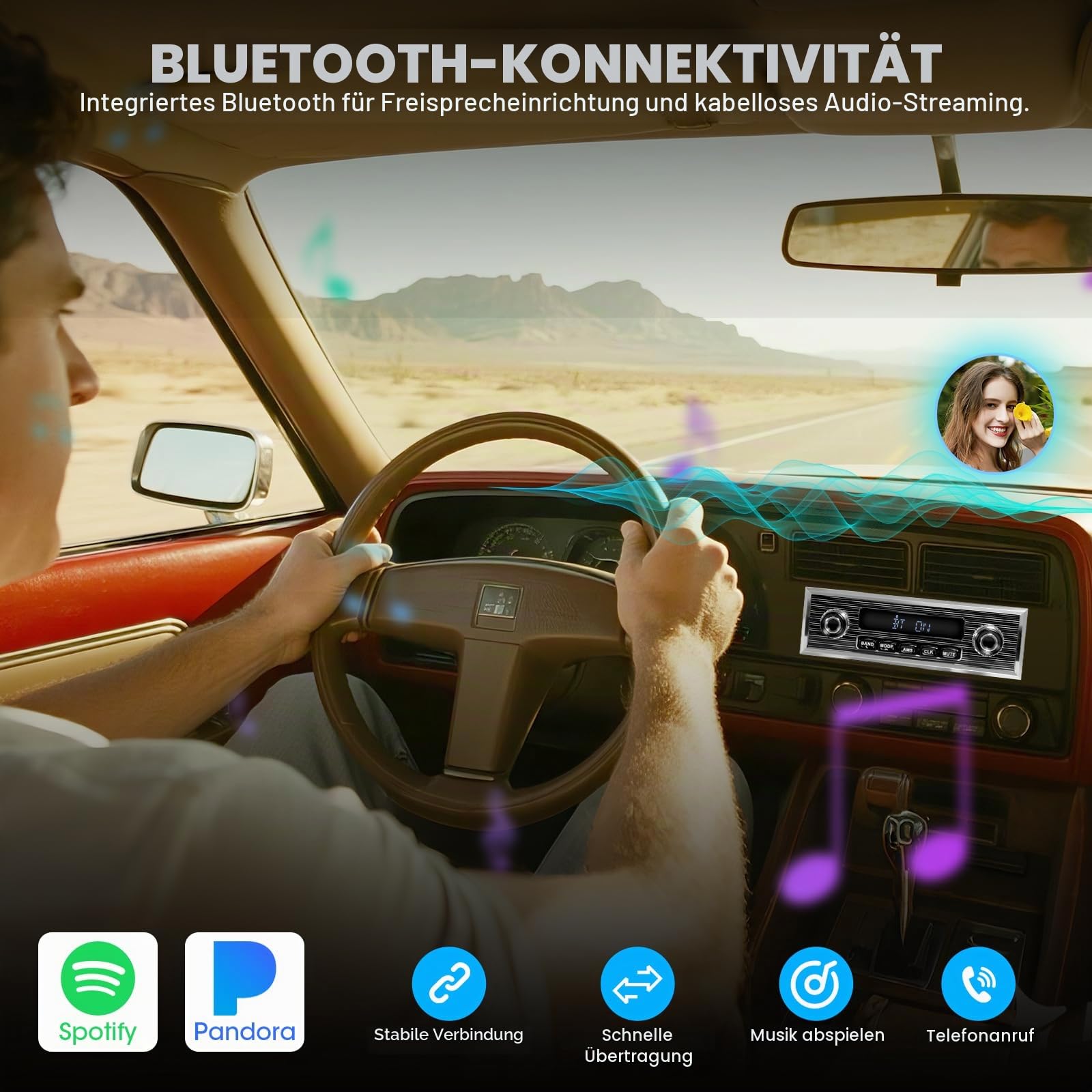 Bluetooth Retro Radio für Klassische Fahrzeuge: Single DIN Vintage Stereo fürs Auto – AM FM Tuner USB AUX Eingang Subwoofer RCA Ausgang