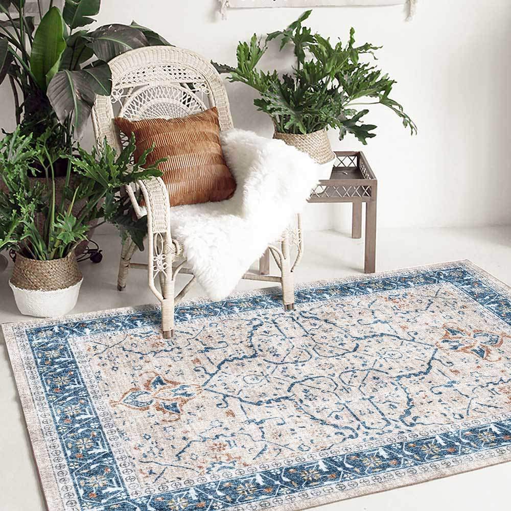 Salon Lavable Tapis Chambre Tapis Rectangulaire Tapis Vintage Bleu Floral Intérieur Antidérapant Tapis,160 x 230 cm
