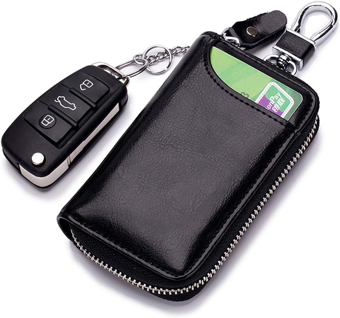 Zipped Leather Car Key Holder Case Bag Wallet Cover with Credit Card Holder Keychain Keyring (Black)