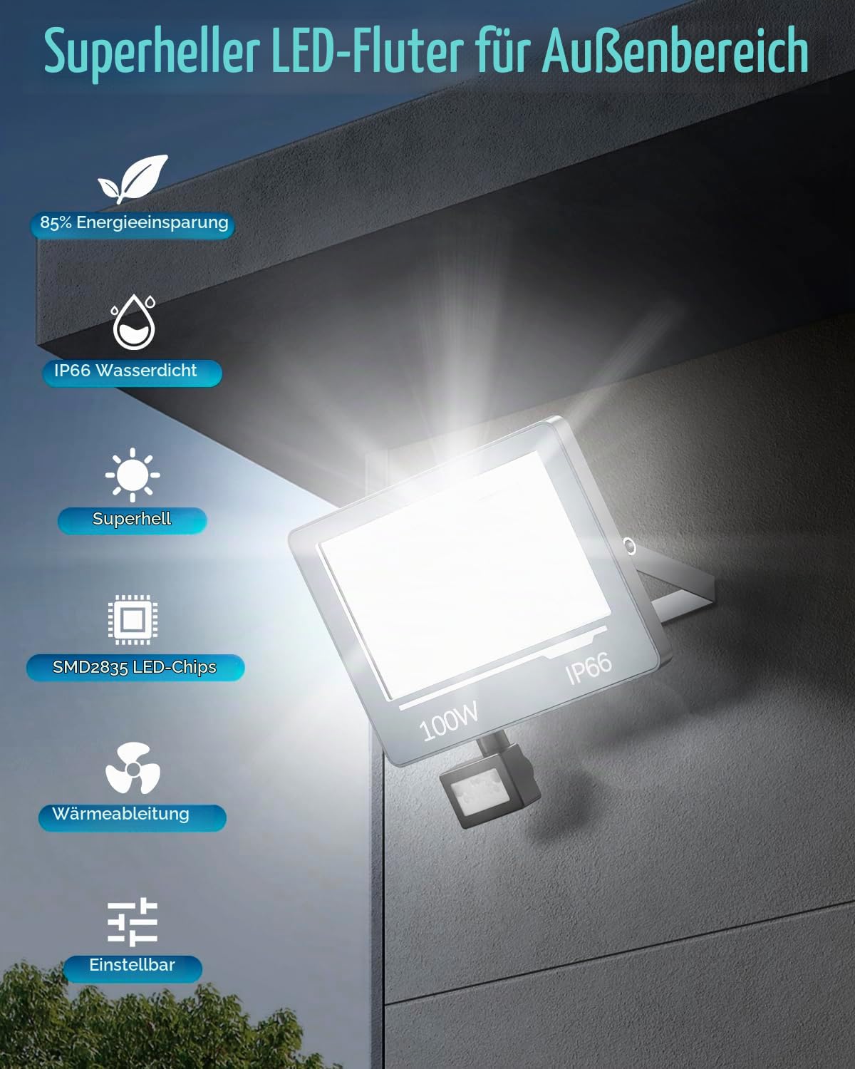 LED Strahler mit Bewegungsmelder Außen 100W 10000LM 1 Stücke - IP66 Wasserdicht LED Scheinwerfer 230V mit Bewegungsmelder Außen, 6500K Fluter Flutlichtstrahler Aussenstrahler für Garten
