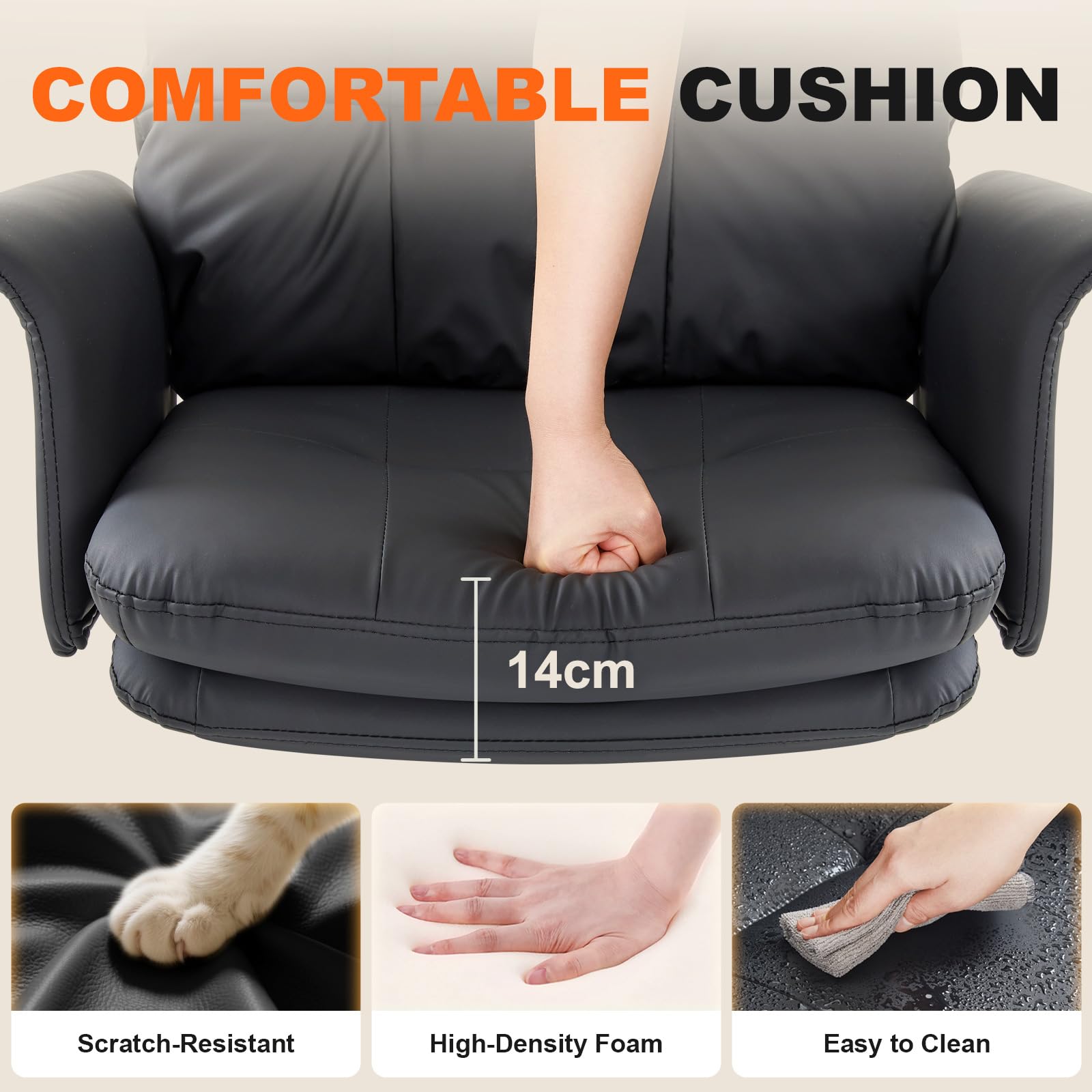 IWMH Schreibtischstuhl Ergonomisch,PU Leder Bürostuhl mit Hoher Rückenlehne | Chefsessel Bequem mit Armlehnen,Doppelt Gepolsterter Drehstuhl für Büro,Homeoffice,Wohnzimme(Schwarz)