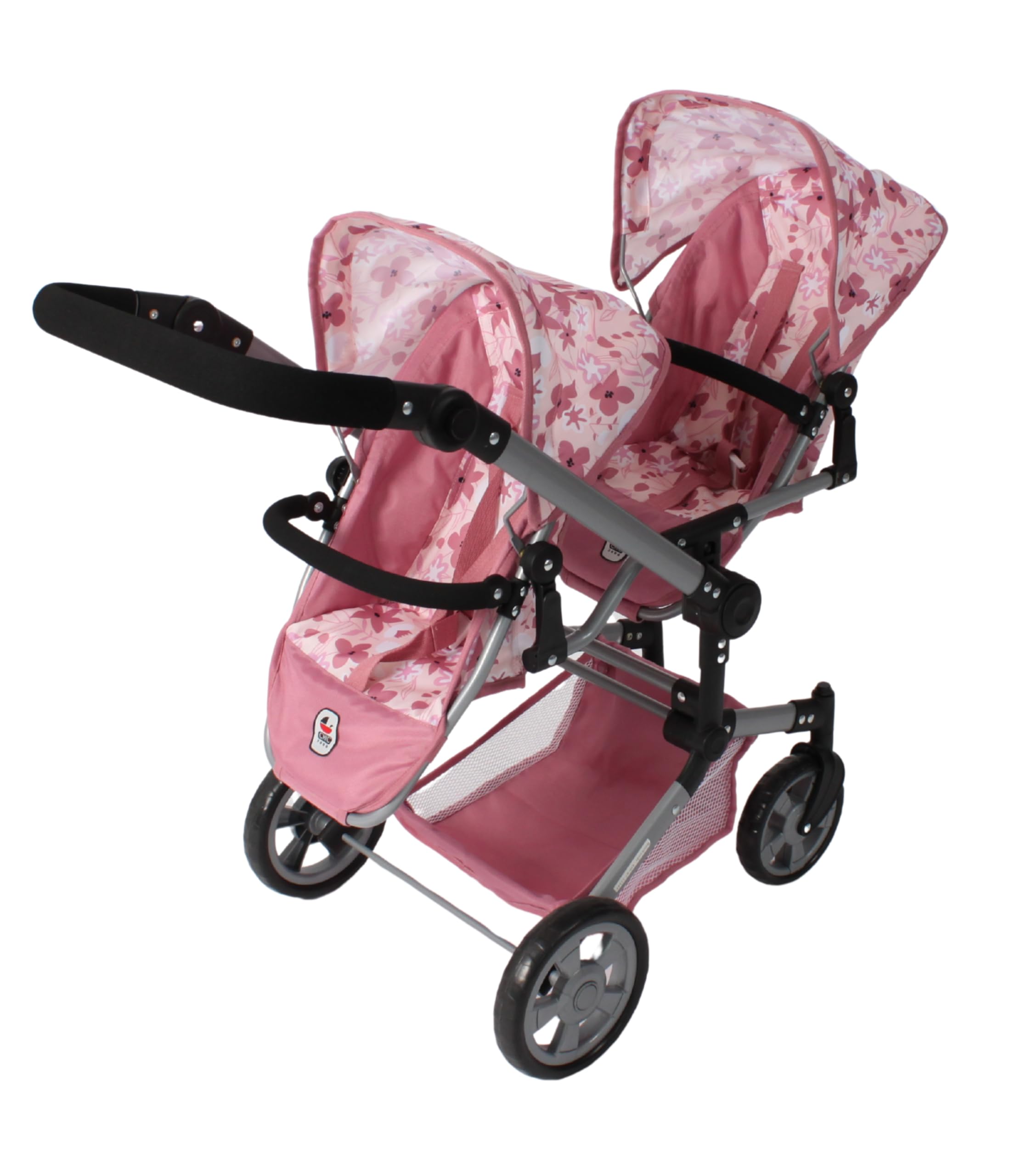 Bayer Chic 2000® Puppenwagen Linus Duo, Flowers rosa, faltbar | Zwillingspuppenwagen, Verstellbarer Griff 50-82 cm, Für Puppen bis 50 cm, 4-8 Jahre