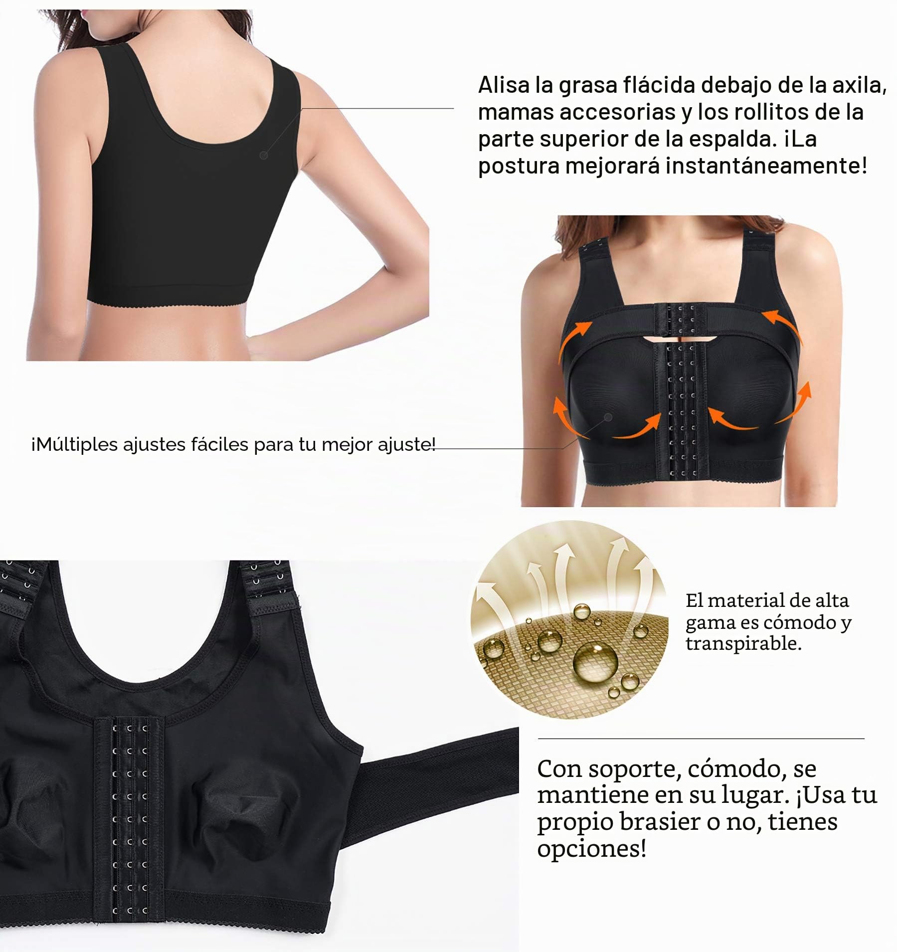 Bafully Sujetador con Cierre Frontal para Mujer, Corrector de Postura posquirúrgico, Blusas Moldeadoras con Banda de Soporte para el Pecho