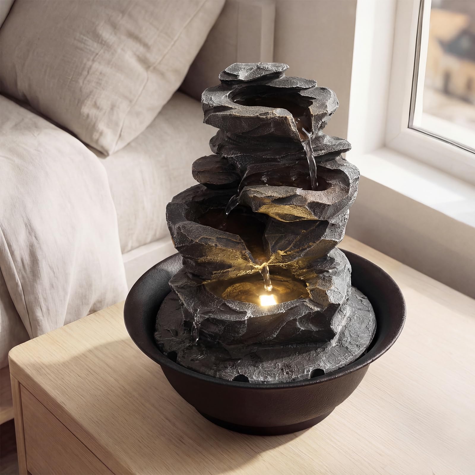 COSTWAY Springbrunnen Garten, Zimmerbrunnen mit Pumpe, Tischbrunnen mit LED Beleuchtung & Einstellbarer Wasserdurchfluss, Wasserbrunnen Steinoptik, Brunnen Wasserfall, Outdoor Dekoration, 21,5x26cm