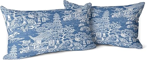 Snycler Chinoiserie - Juego de 2 fundas de almohada azules y blancas para exteriores, fundas de almohada chinas de construcción antigua de algodón,