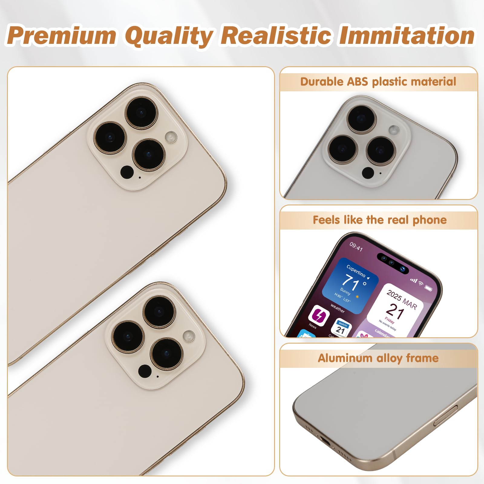 Faux Téléphone Modèle 1:1 IPhone 16 Pro Max – Jouet Réaliste Métallique Non Fonctionnel Pour Enfants Ou Présentoir Coques (Or)