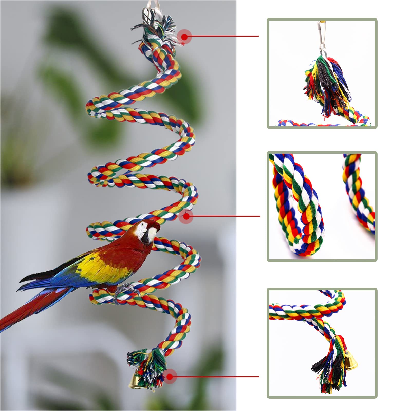 Giocattoli per uccelli pappagalli, 2 pezzi altalena per pappagalli parrocchetti da masticare con campanello, corda in cotone per uccelli da 59 inch e altalena per 7 inch di diametro