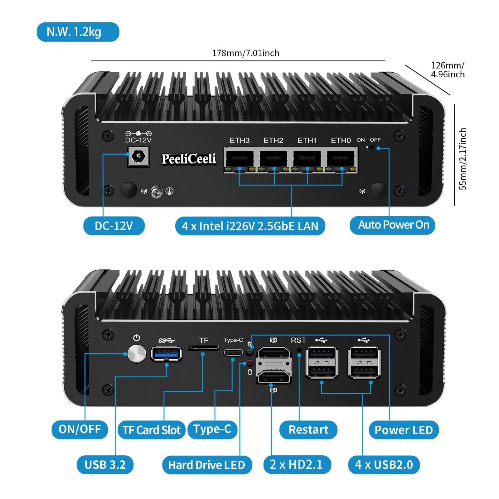 Mini PC, Firewall Appliance 4x2.5 Gigabit I226-V LAN, J6413 Processor, Micro Computer Router Triple Display, Dual SATA, 2xM2_NVMe, TF, AES-NI, OPNsense, USB, Barebone NO RAM NO SSD