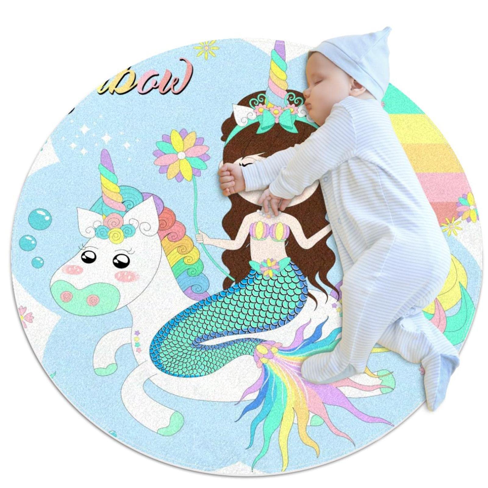 Tapis de sol antidérapant rond 1m motif licorne sirène ultra absorbant