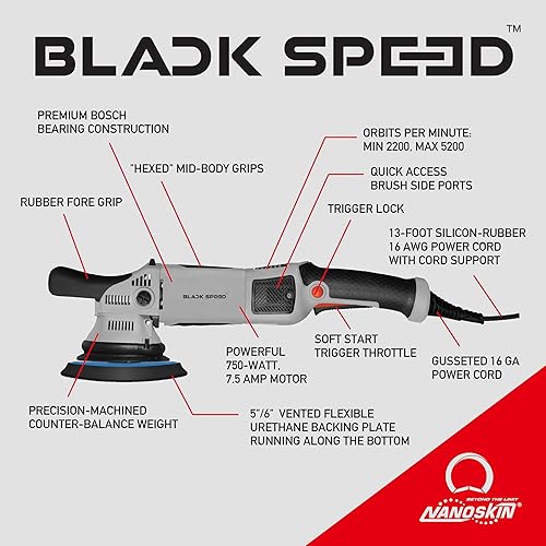 Miniatura 6 de Nanoskin Black Speed 15mm Long-Throw Random Orbital Polisher - 750W, 7.5-Amp Motor, BOSCH Bearing Construction, Vented Flexible Backing Plate  For