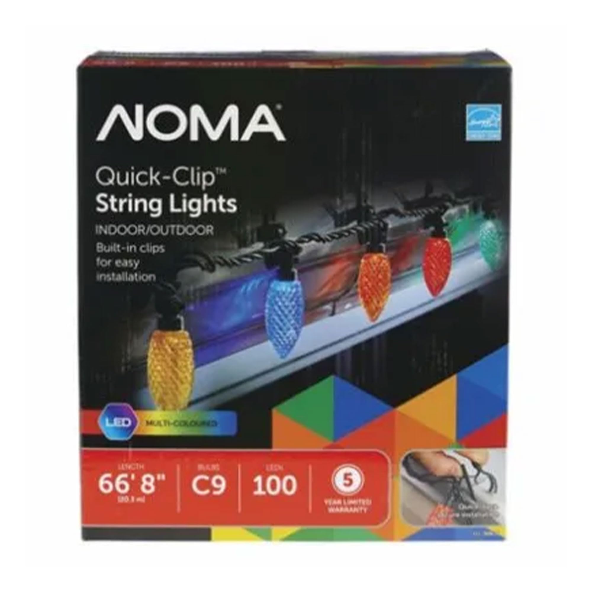 Noma Quick Clip 100 LED C9 Light Set product box with specifications