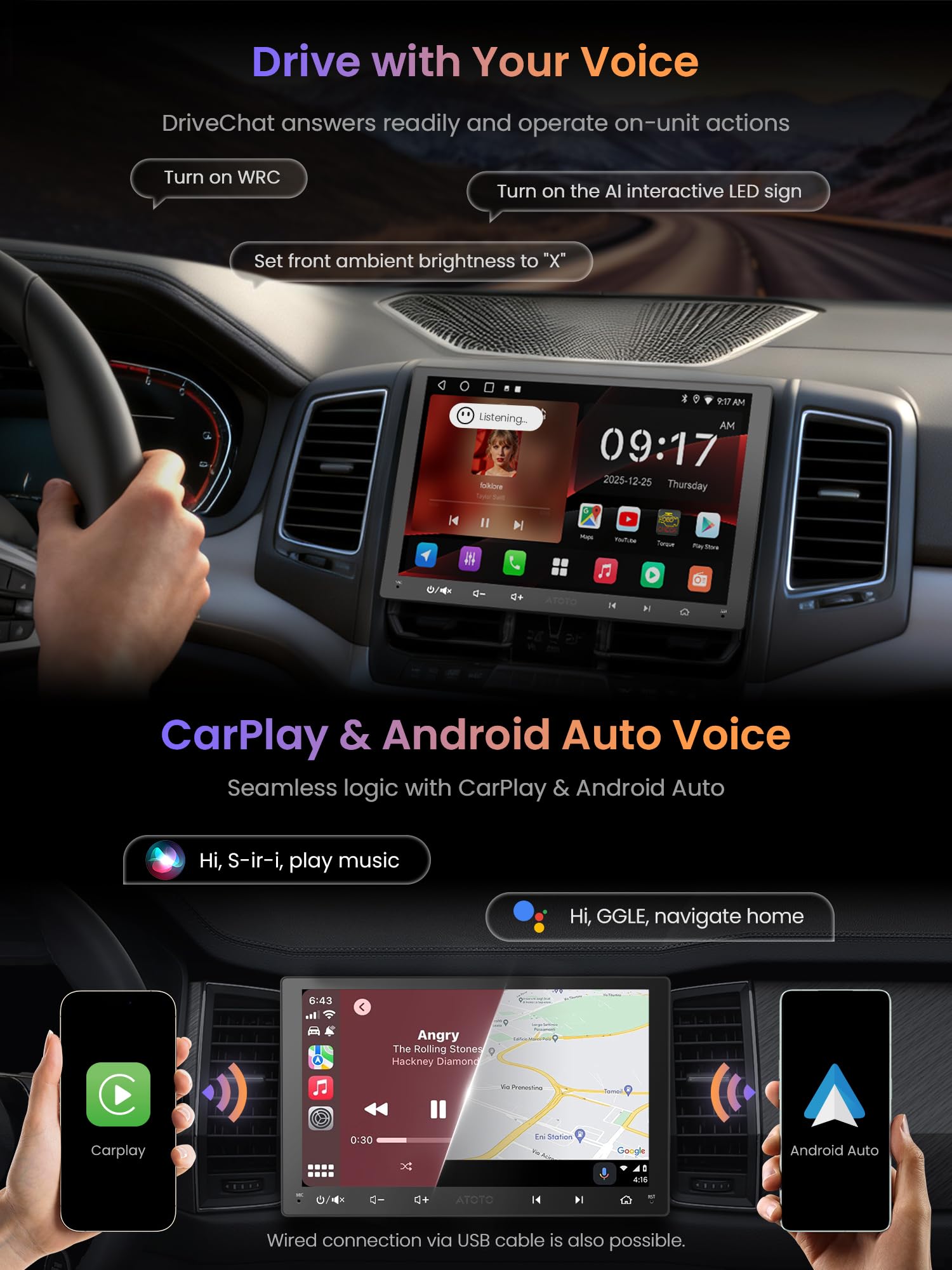 ATOTOZONE 9 pollici Android Autoradio 2 Din Android Auto CarPlay Wireless, Wi-Fi, Connessione Bluetooth IoT, Localizzazione GPS, Assistente AI  Geolocalizzato, BGSleep, EQ/DSP/RDS, Aggiornamento OTA