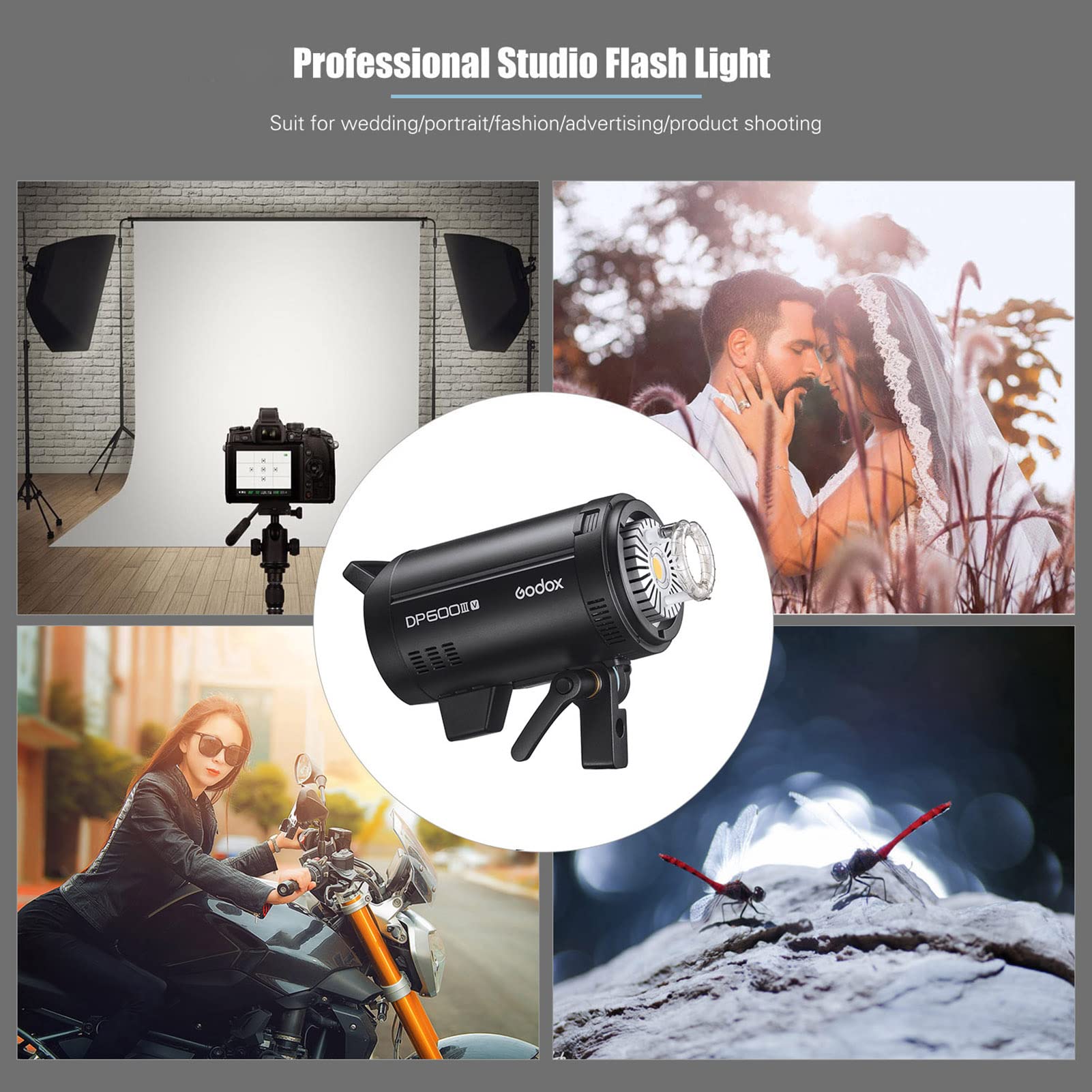 Godox DP600III-V Flash studio aggiornato Potenza 600Ws GN106 5600 ± 200K wireless 2.4G integrato Flash fotografici Bowens Mount per ritratti di matrimonio Fotografia pubblicitaria di moda