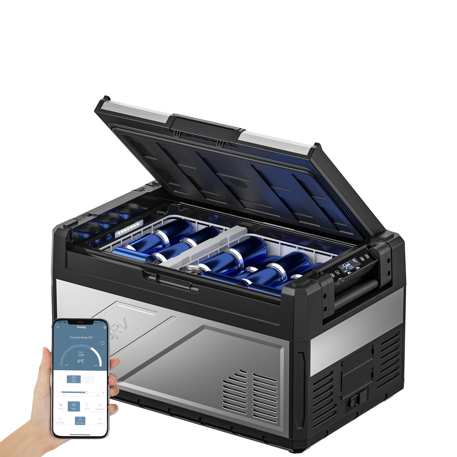BougeRV Rocky 39L Nevera Compresor 12V 220V Nevera de Metal con Divisor Extraíble, App Control de Temperatura de Doble Zona Nevera Portátil Refrigerador para Camping Coche Viaje Barco Camión -20℃-20℃