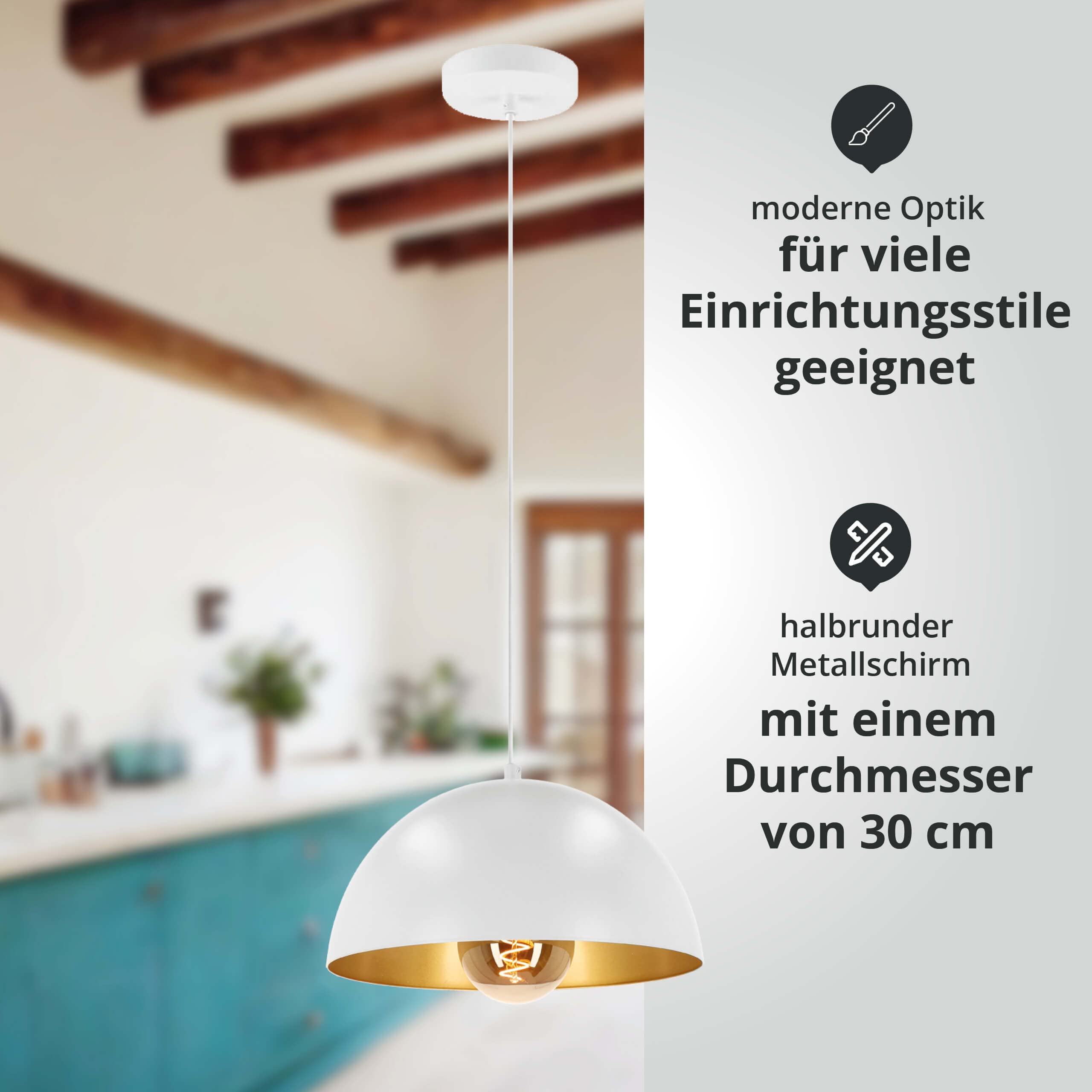 LED Universum 2er-Set Pendelleuchten Jada Weiß/Gold Ø30cm x 125cm, E27 Fassung, max. 40W, Hängelampe, Hängeleuchte, Deckenlampe, Wohnzimmerleuchte, Kinderzimmerlampe, Metall