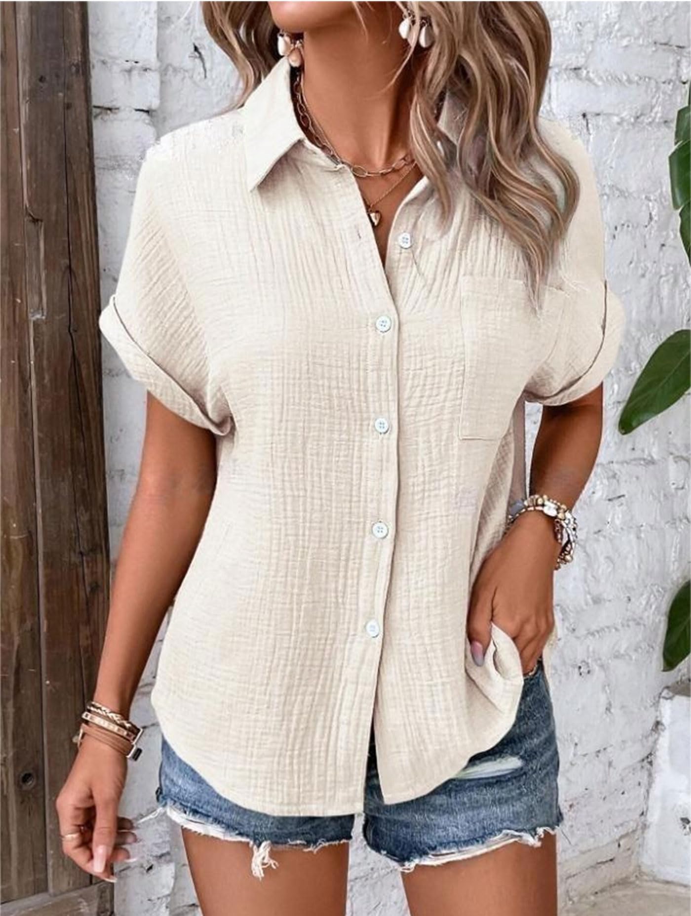 Camicetta estiva da donna, a maniche corte, casual, in cotone, con scollo a V, con bottoni e tasca, albicocca, L
