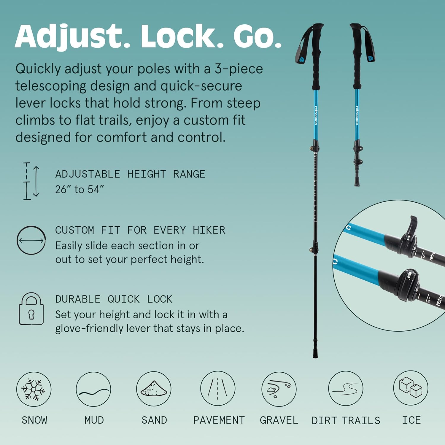 Retrospec Solstice Hiking Poles for Men & Women - Adjustable and Collapsible Lightweight Walking & Trekking Sticks - Aluminum w/Cork or Foam Grip
