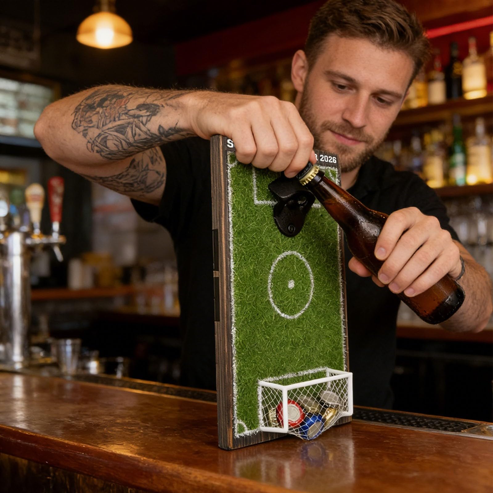 Apribottiglie a forma di campo da calcio, decorazione da parete, a forma di campo da calcio, divertente collezionista di tappi di bottiglia, regalo creativo per la decorazione di bar di calcio